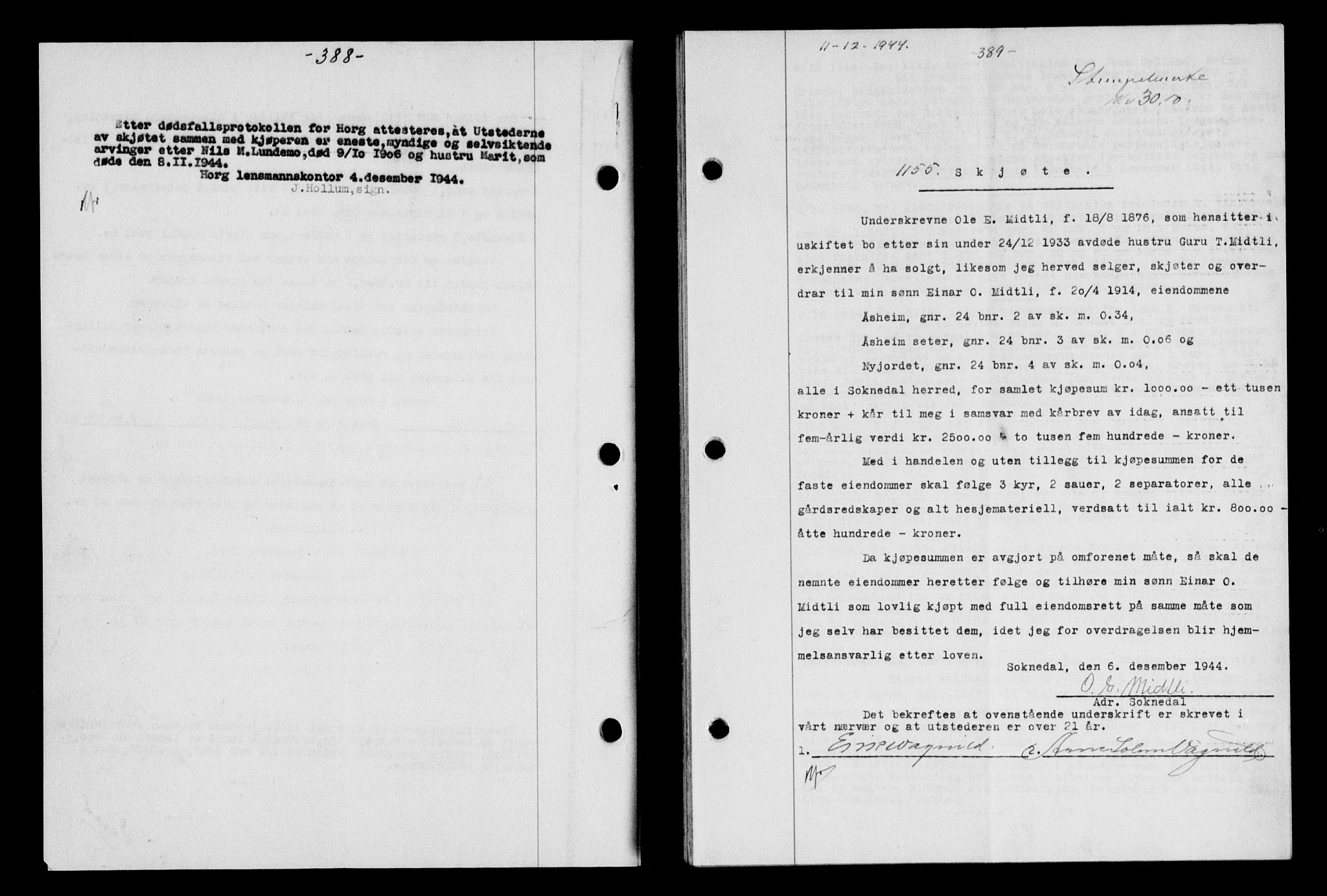 Gauldal sorenskriveri, SAT/A-0014/1/2/2C/L0058: Mortgage book no. 63, 1944-1945, Diary no: : 1155/1944