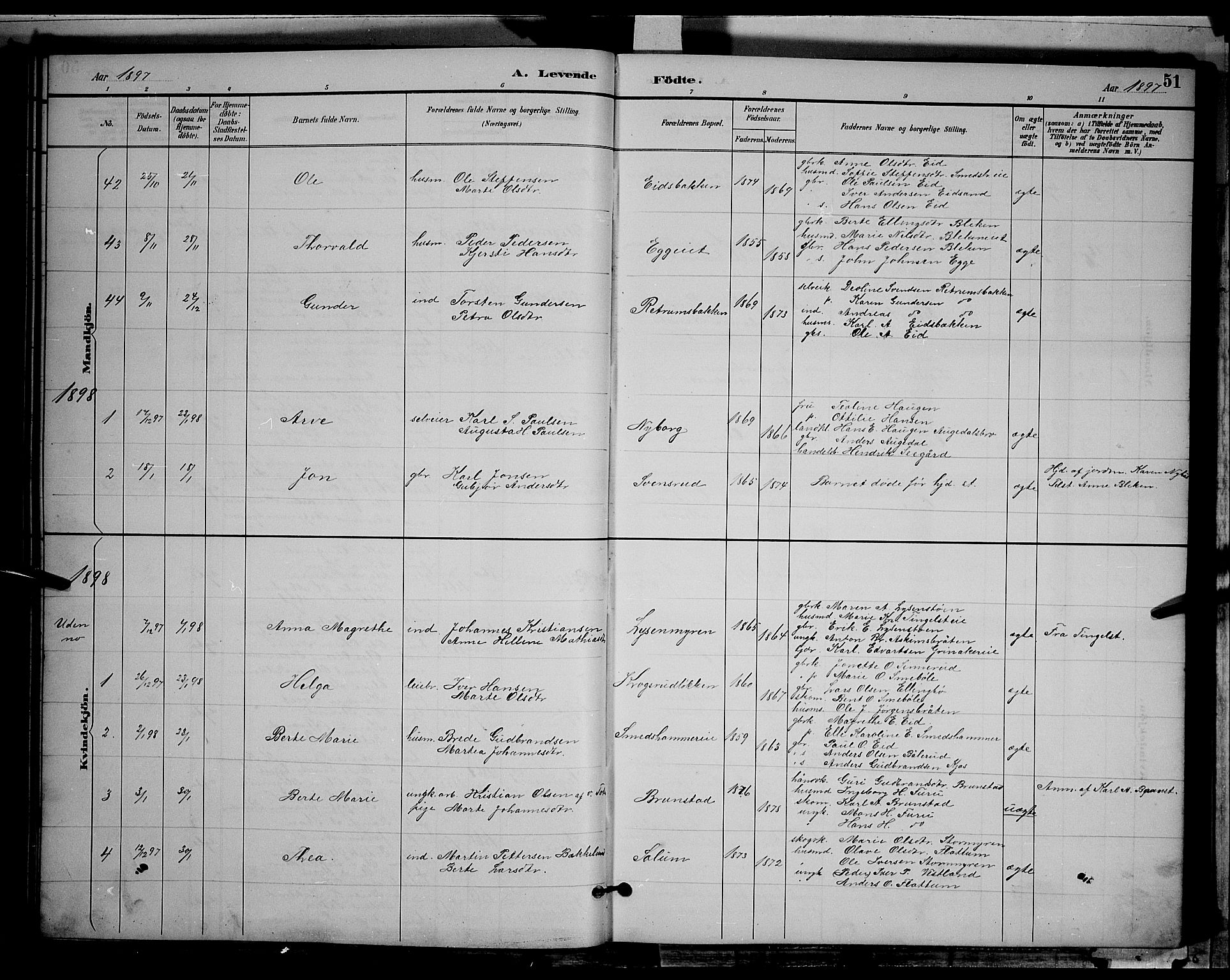 Gran prestekontor, AV/SAH-PREST-112/H/Ha/Hab/L0004: Parish register (copy) no. 4, 1890-1899, p. 51