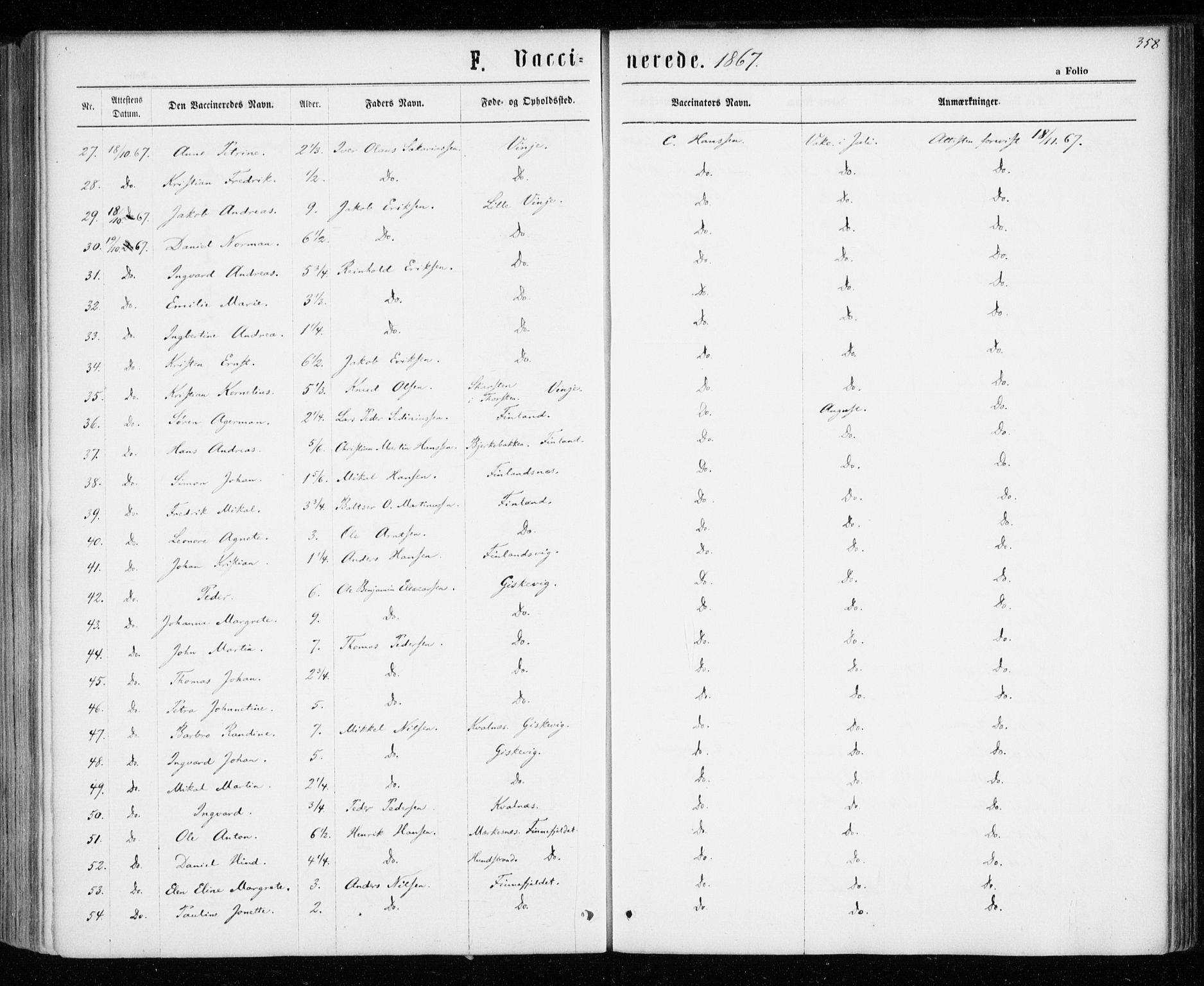 Tranøy sokneprestkontor, AV/SATØ-S-1313/I/Ia/Iaa/L0008kirke: Parish register (official) no. 8, 1867-1877, p. 358