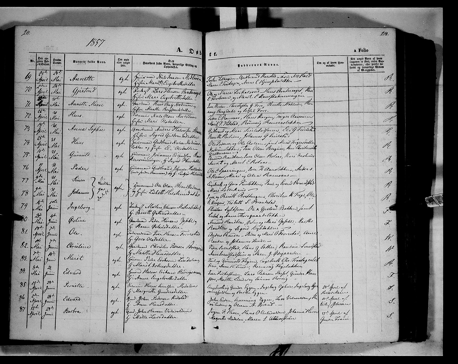 Ringebu prestekontor, AV/SAH-PREST-082/H/Ha/Haa/L0006: Parish register (official) no. 6, 1848-1859, p. 211-212