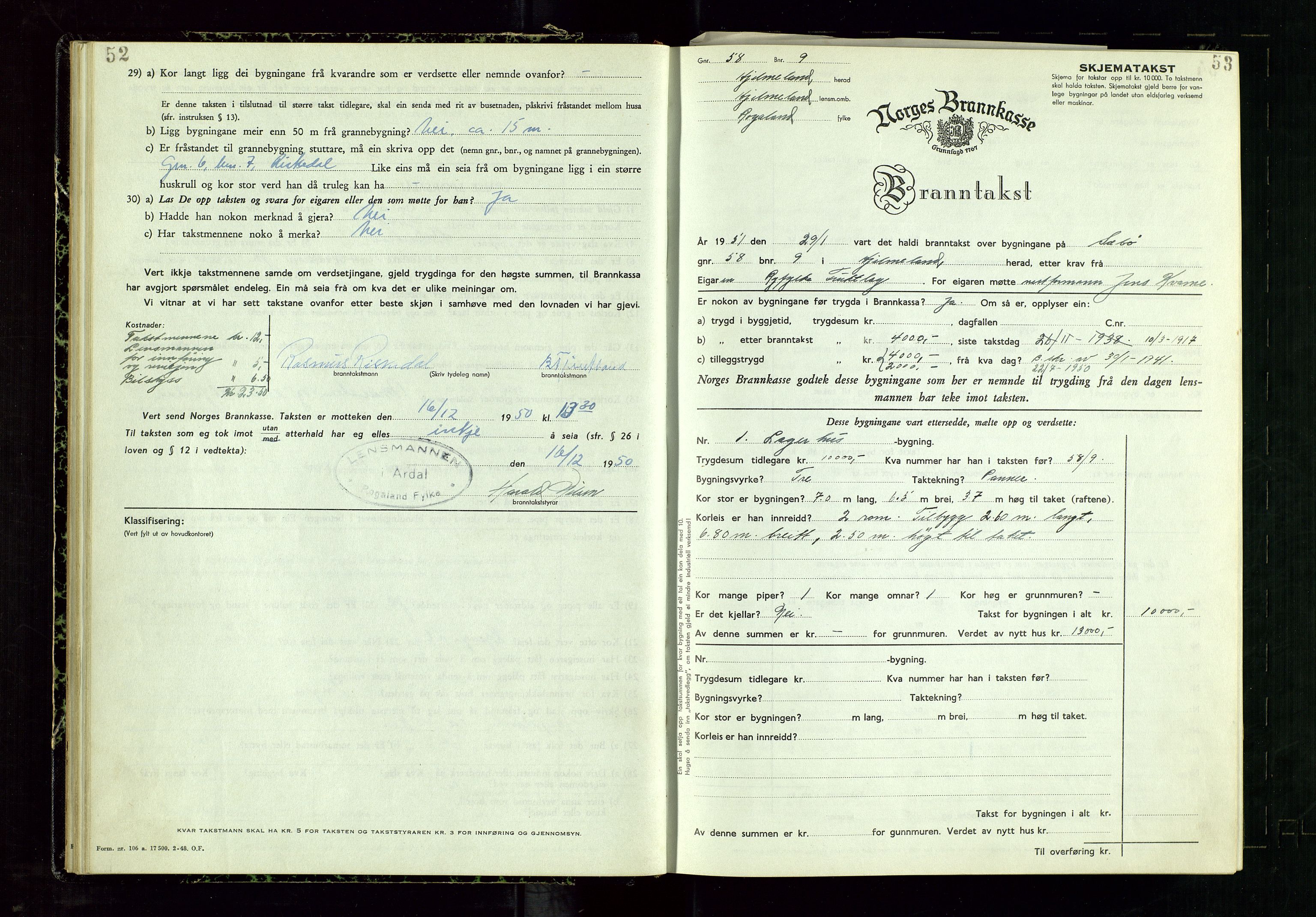 Årdal lensmannskontor, SAST/A-100453/Gob/L0002: "Brandtaxationsprotokol", 1950-1955, p. 52-53