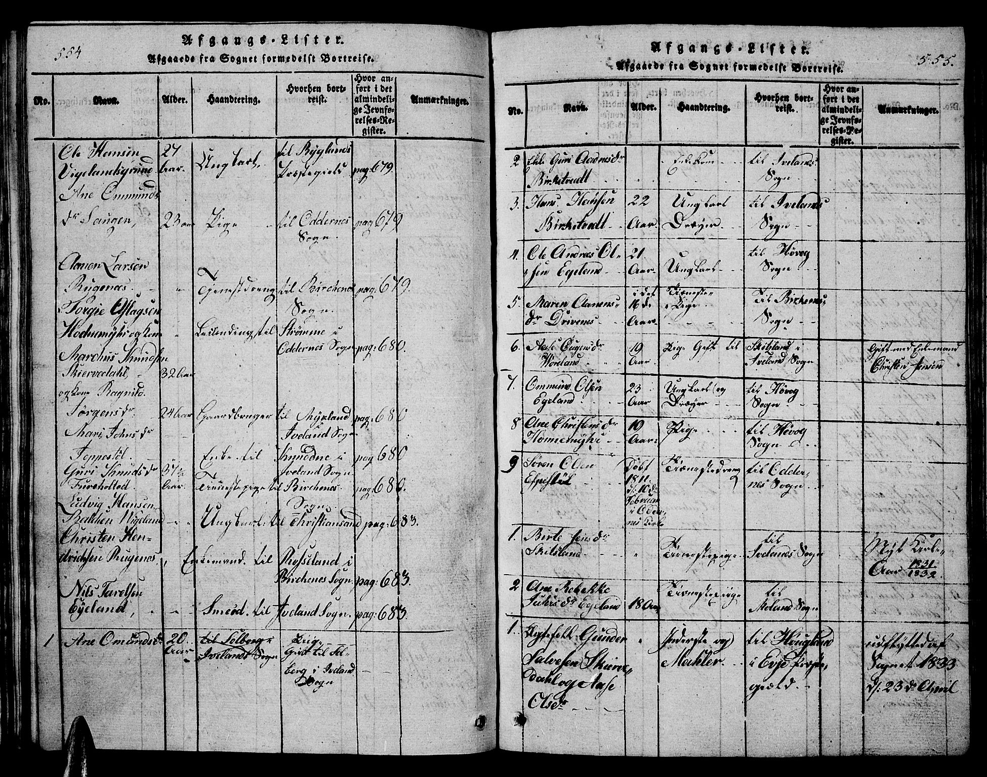 Vennesla sokneprestkontor, AV/SAK-1111-0045/Fb/Fbb/L0001: Parish register (copy) no. B 1, 1820-1834, p. 554-555