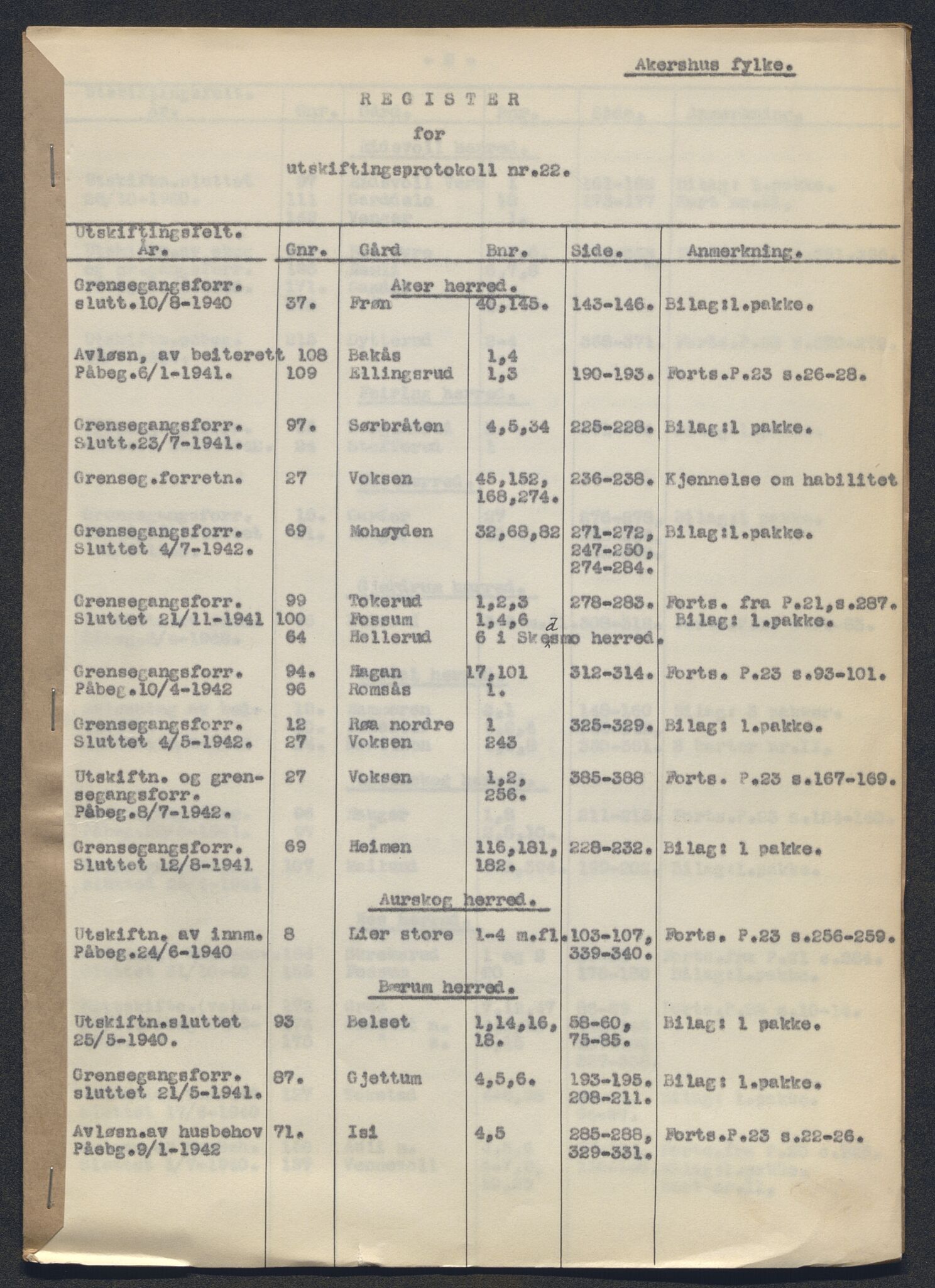 Akershus og Oslo jordskifterett, AV/SAO-A-10121/F/Fa/L0022: Forhandlingsprotokoll, 1939-1942