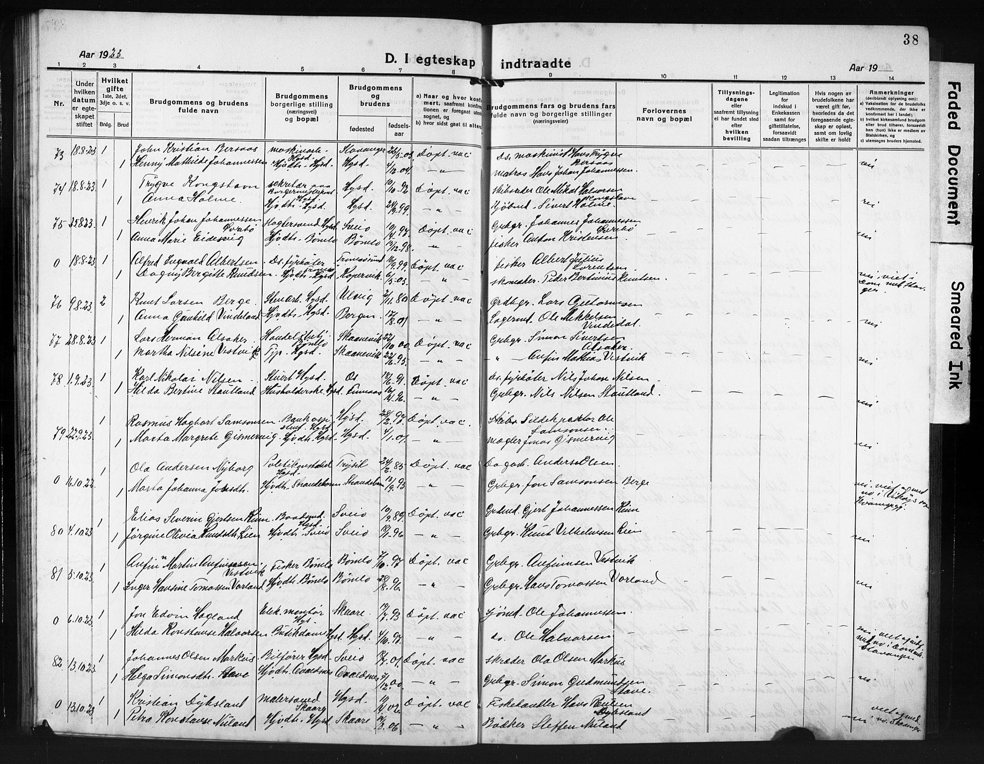 Haugesund sokneprestkontor, AV/SAST-A -101863/H/Ha/Hab/L0010: Parish register (copy) no. B 10, 1920-1931, p. 38
