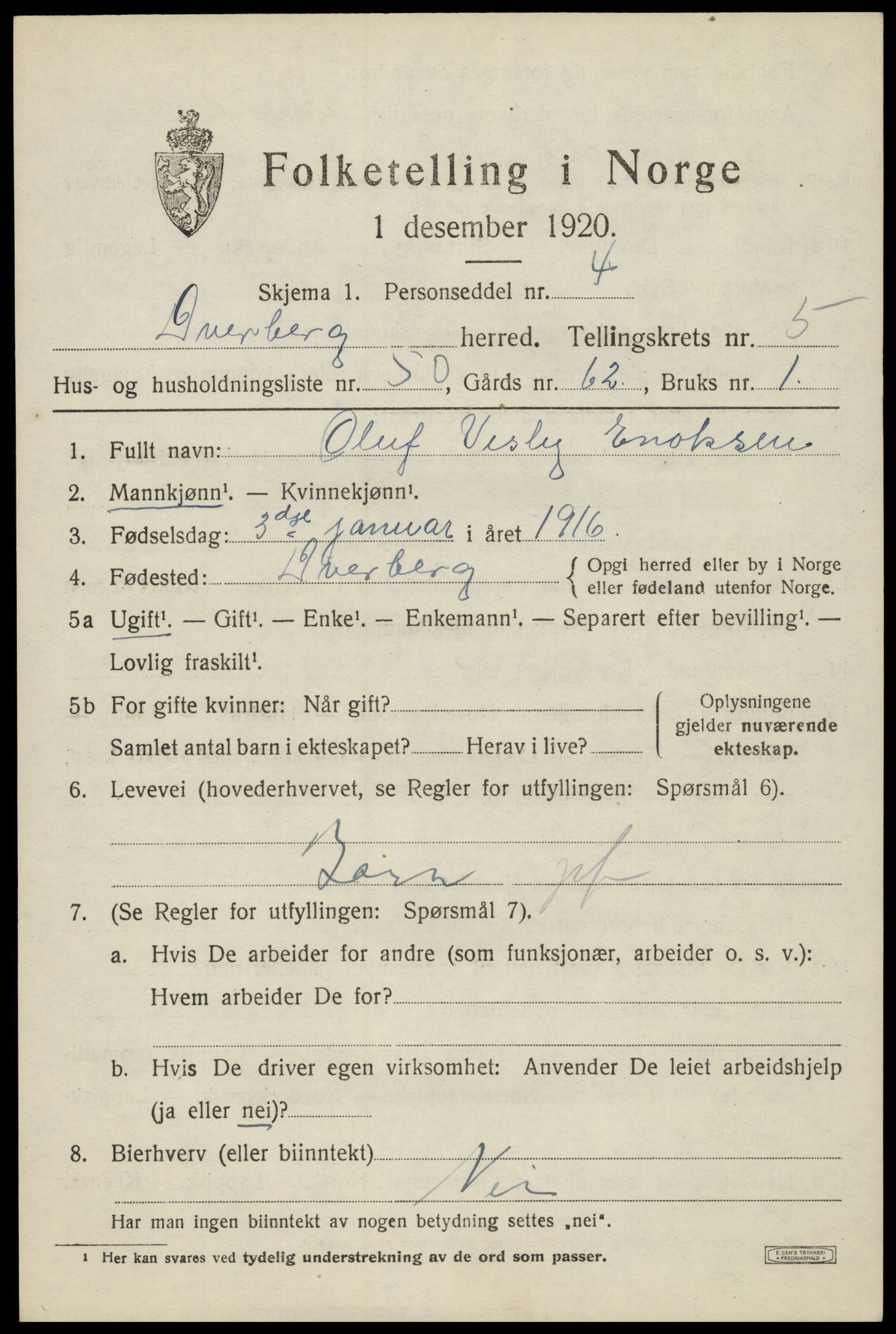 SAT, 1920 census for Dverberg, 1920, p. 6392