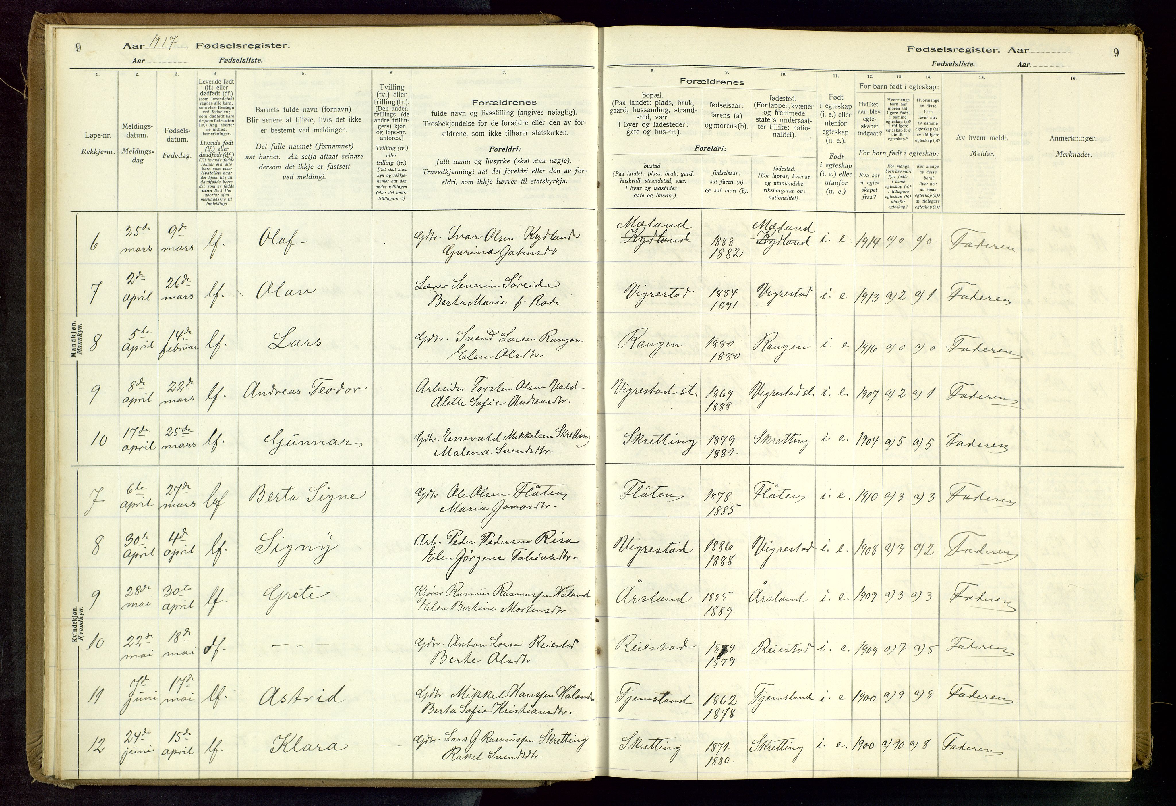 Hå sokneprestkontor, SAST/A-101801/001/704BA/L0001: Birth register no. 1, 1916-1944, p. 9