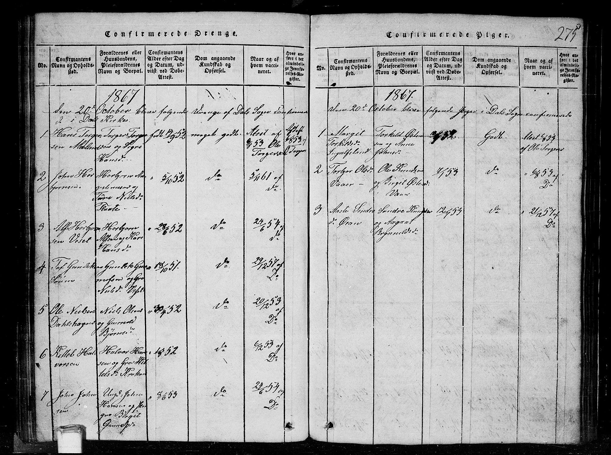 Tinn kirkebøker, SAKO/A-308/G/Gc/L0001: Parish register (copy) no. III 1, 1815-1879, p. 275
