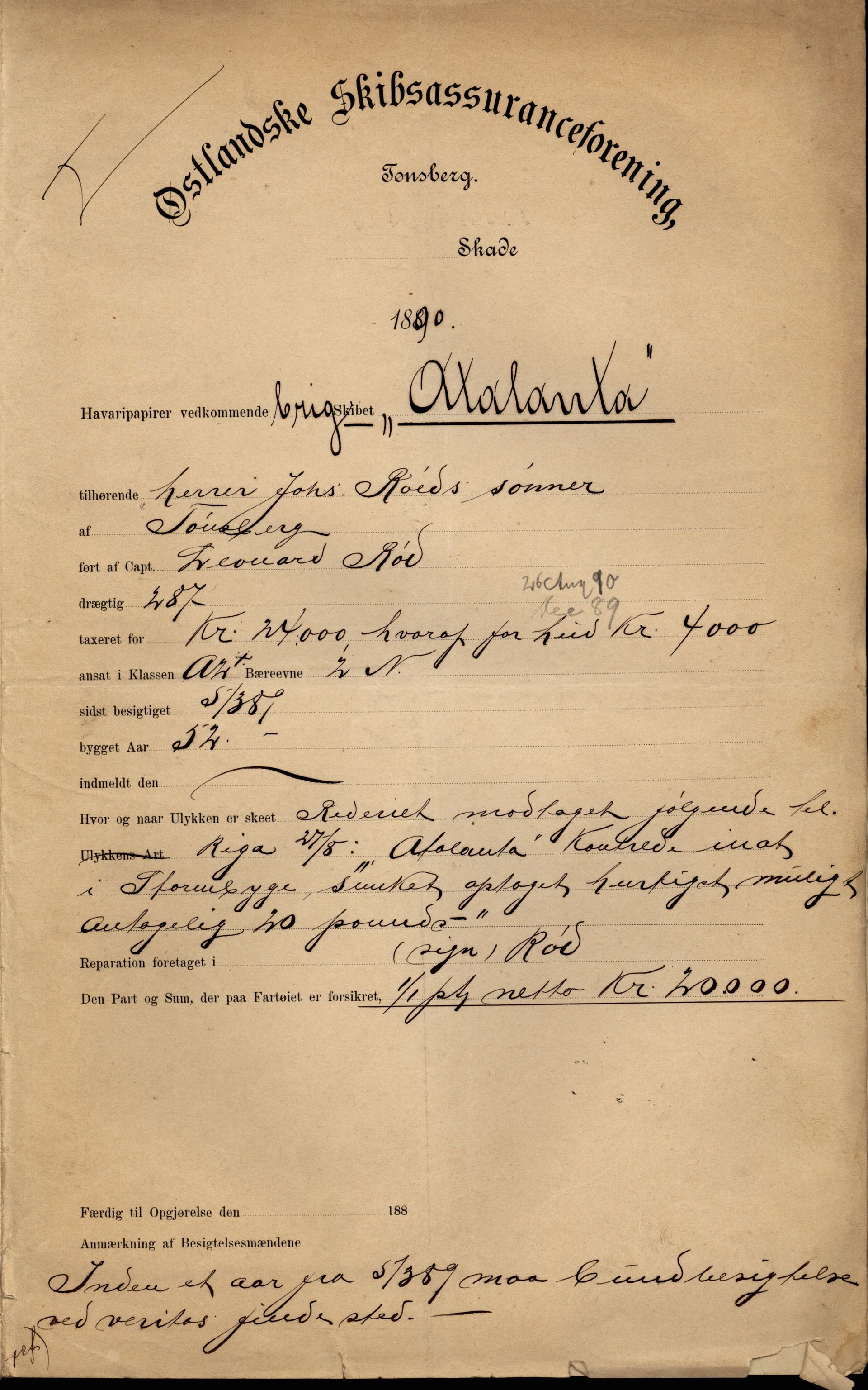 Pa 63 - Østlandske skibsassuranceforening, VEMU/A-1079/G/Ga/L0026/0008: Havaridokumenter / Bernadotte, Bardeu, Augustinus, Atlanta, Arne, 1890, p. 31