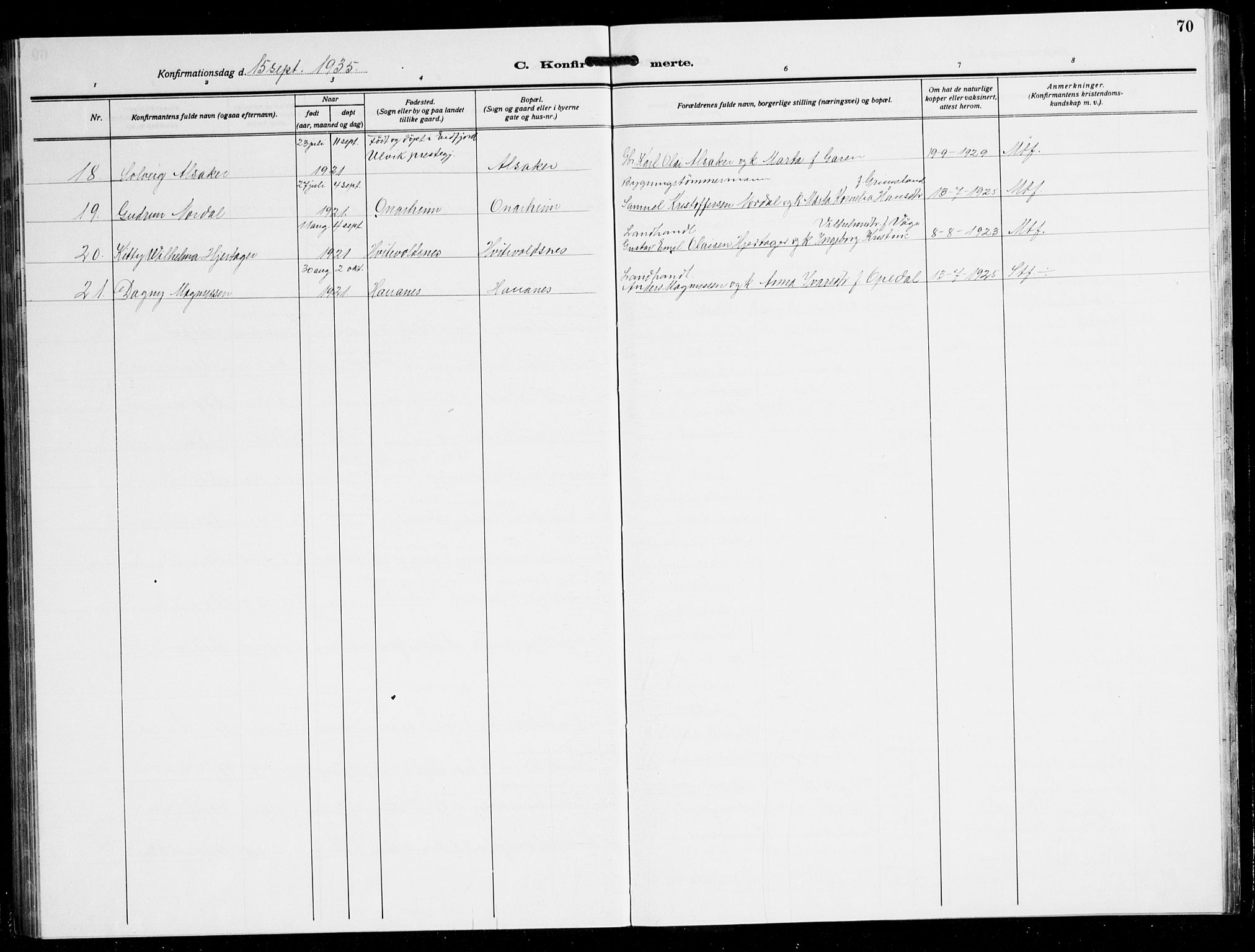 Tysnes sokneprestembete, AV/SAB-A-78601/H/Hab: Parish register (copy) no. C 4, 1925-1945, p. 70