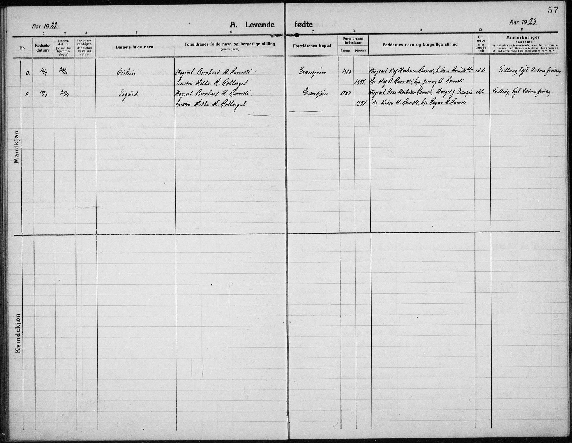 Hof prestekontor, AV/SAH-PREST-038/H/Ha/Hab/L0002: Parish register (copy) no. 2, 1915-1934, p. 57