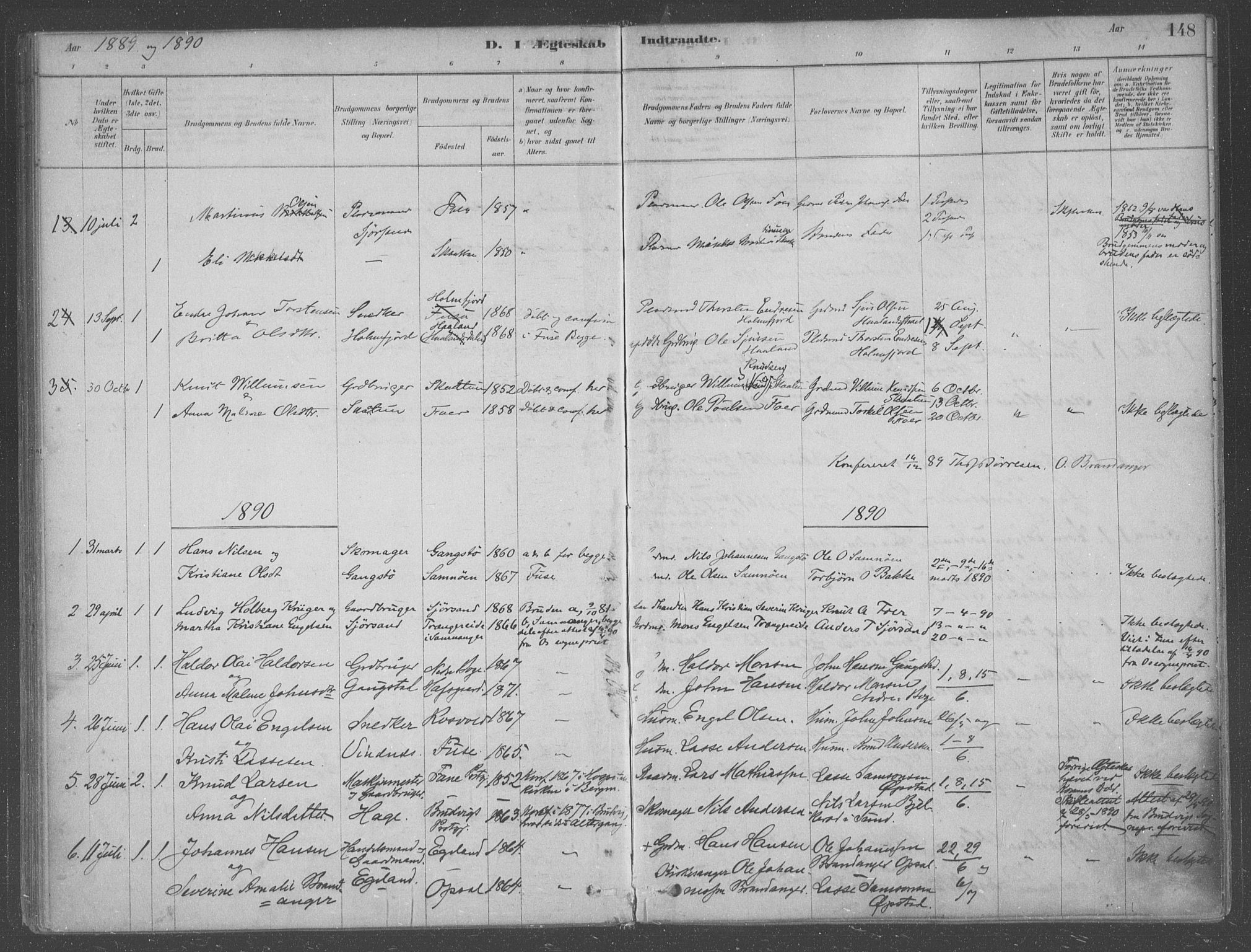 Fusa sokneprestembete, AV/SAB-A-75401/H/Haa: Parish register (official) no. B 1, 1880-1938, p. 148