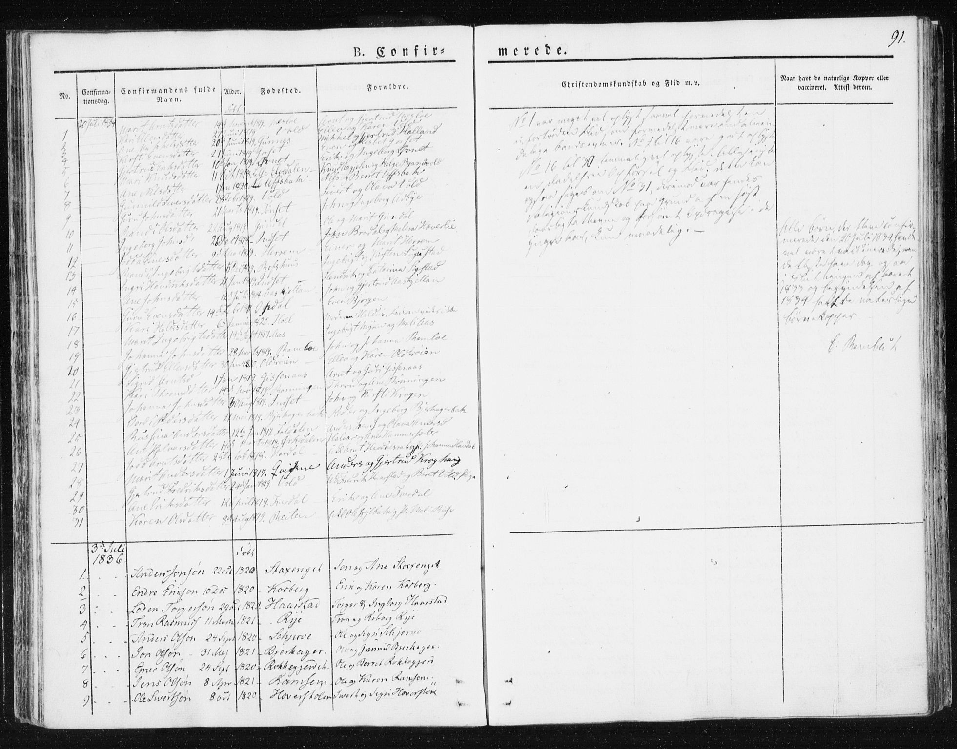 Ministerialprotokoller, klokkerbøker og fødselsregistre - Sør-Trøndelag, SAT/A-1456/674/L0869: Parish register (official) no. 674A01, 1829-1860, p. 91