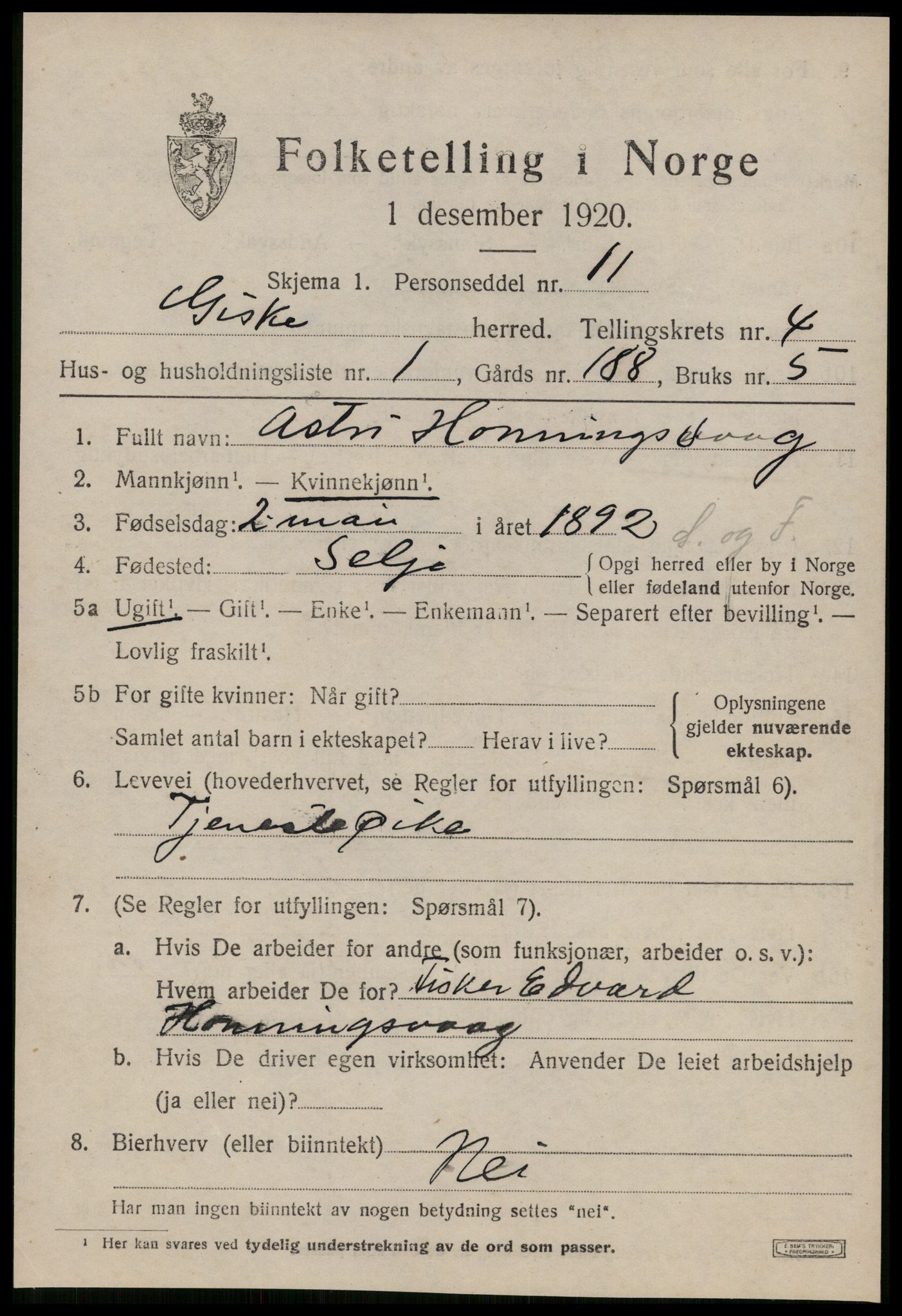 SAT, 1920 census for Giske, 1920, p. 2644