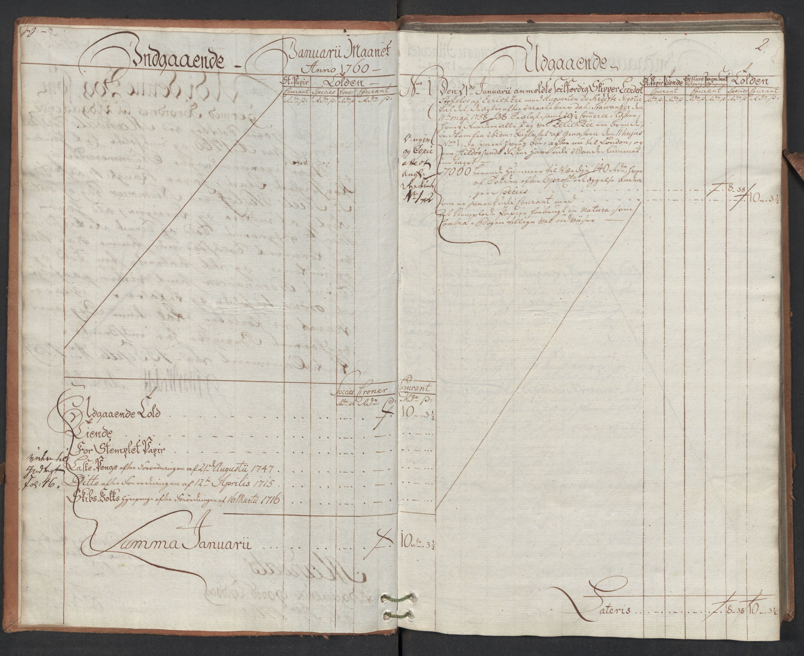 Generaltollkammeret, tollregnskaper, AV/RA-EA-5490/R17/L0021/0005: Tollregnskaper Mandal / Utgående hovedtollbok, 1760