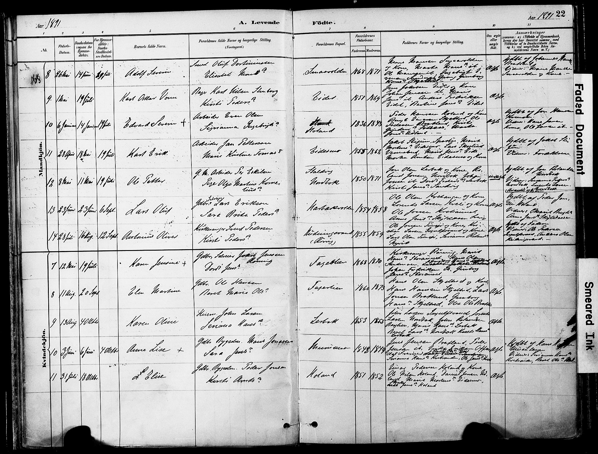 Ministerialprotokoller, klokkerbøker og fødselsregistre - Nord-Trøndelag, SAT/A-1458/755/L0494: Parish register (official) no. 755A03, 1882-1902, p. 22