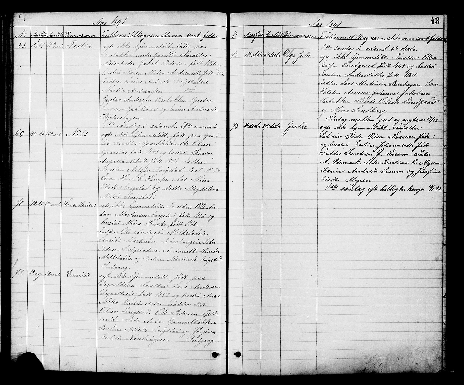 Vestre Toten prestekontor, SAH/PREST-108/H/Ha/Hab/L0008: Parish register (copy) no. 8, 1885-1900, p. 43