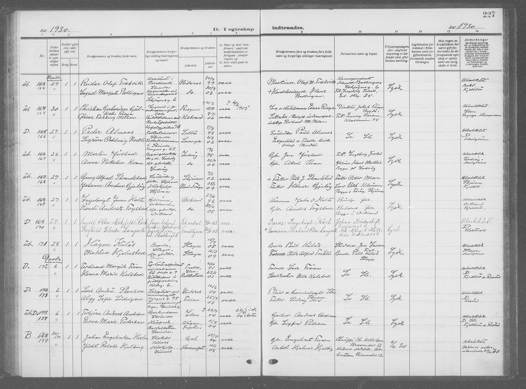 Ministerialprotokoller, klokkerbøker og fødselsregistre - Sør-Trøndelag, SAT/A-1456/601/L0098: Parish register (copy) no. 601C16, 1921-1934, p. 227