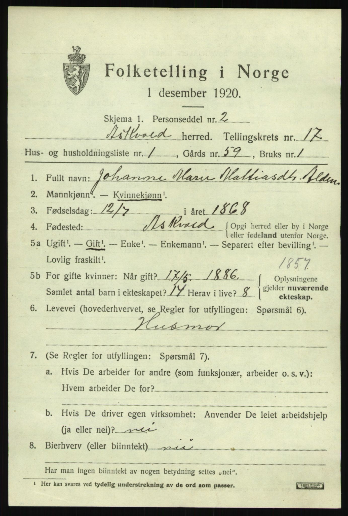 SAB, 1920 census for Askvoll, 1920, p. 6378