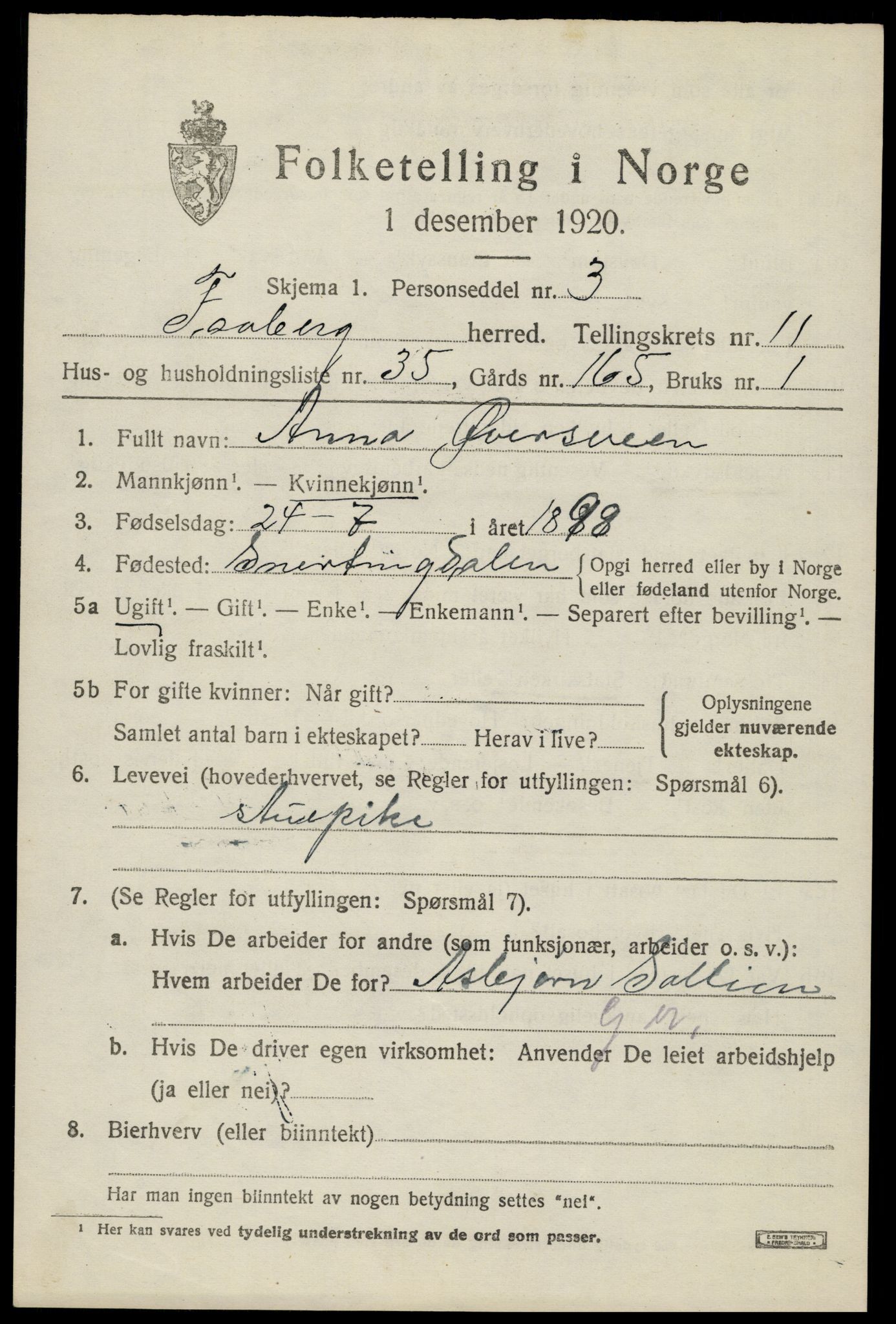 SAH, 1920 census for Fåberg, 1920, p. 12258