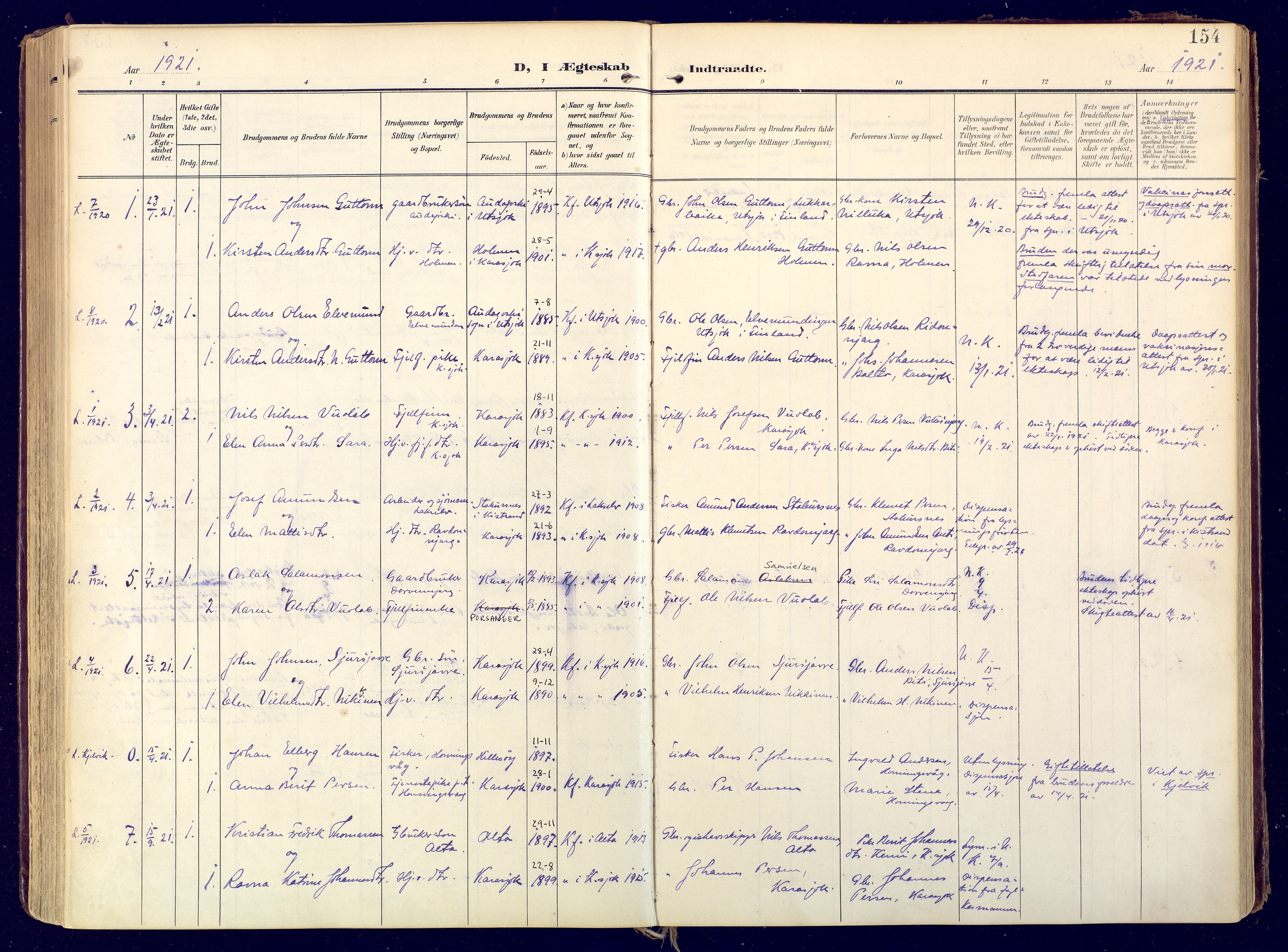 Karasjok sokneprestkontor, SATØ/S-1352/H/Ha: Parish register (official) no. 3, 1907-1926, p. 154