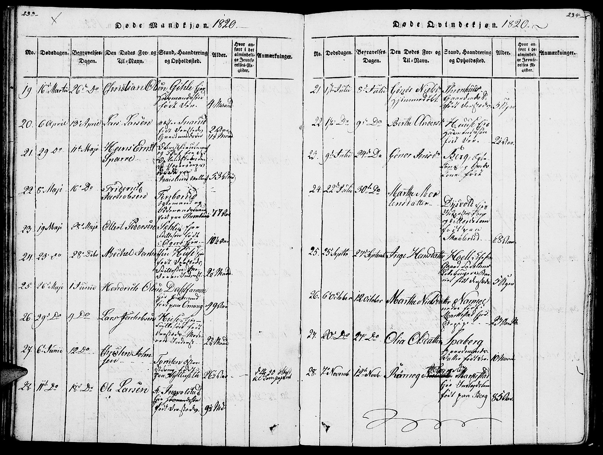 Vang prestekontor, Hedmark, AV/SAH-PREST-008/H/Ha/Haa/L0007: Parish register (official) no. 7, 1813-1826, p. 233-234