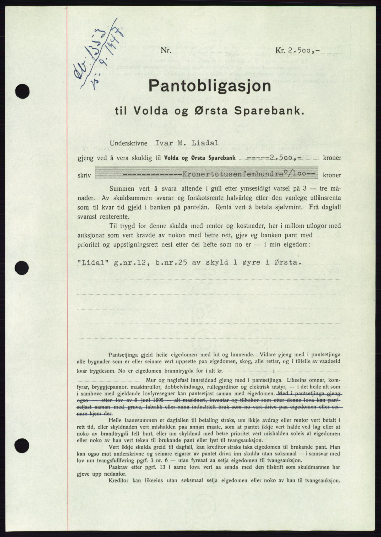 Søre Sunnmøre sorenskriveri, AV/SAT-A-4122/1/2/2C/L0115: Mortgage book no. 3B, 1947-1948, Diary no: : 1353/1947