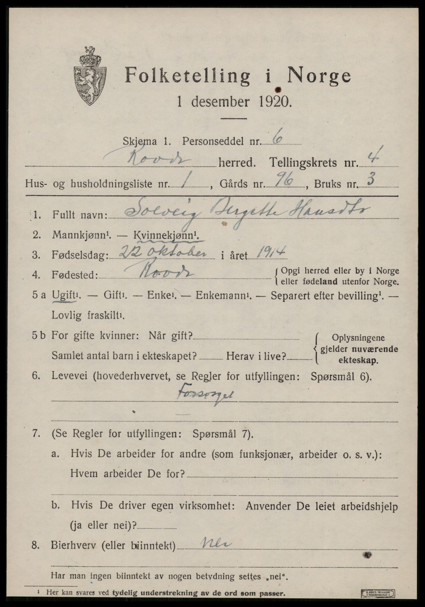 SAT, 1920 census for Rovde, 1920, p. 1287