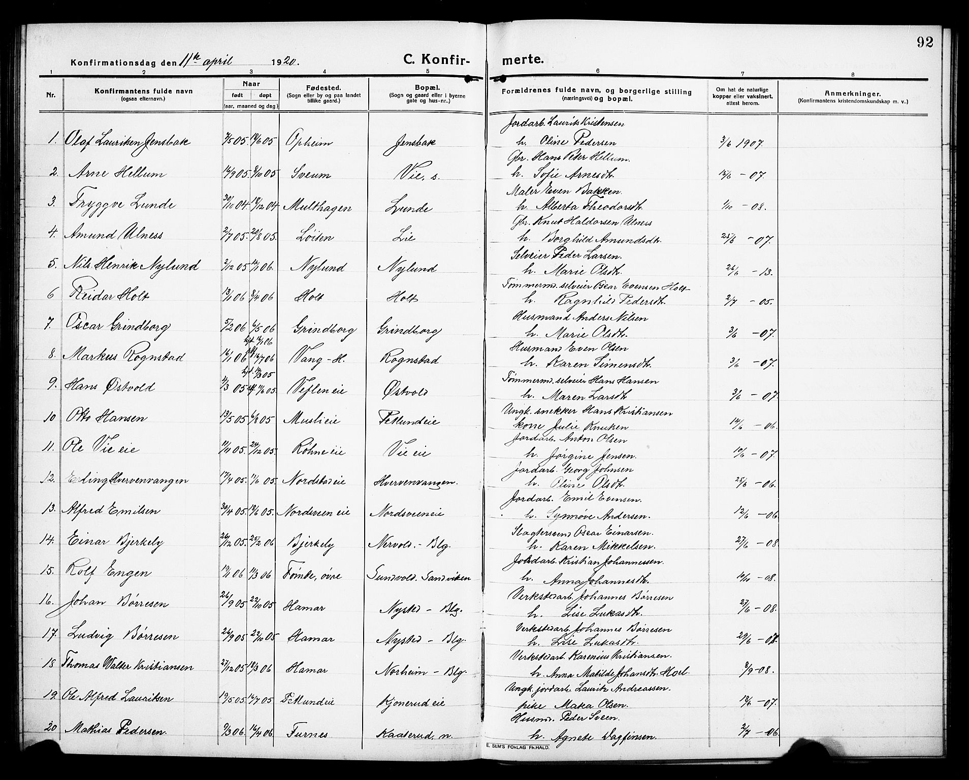 Stange prestekontor, SAH/PREST-002/L/L0015: Parish register (copy) no. 15, 1916-1928, p. 92