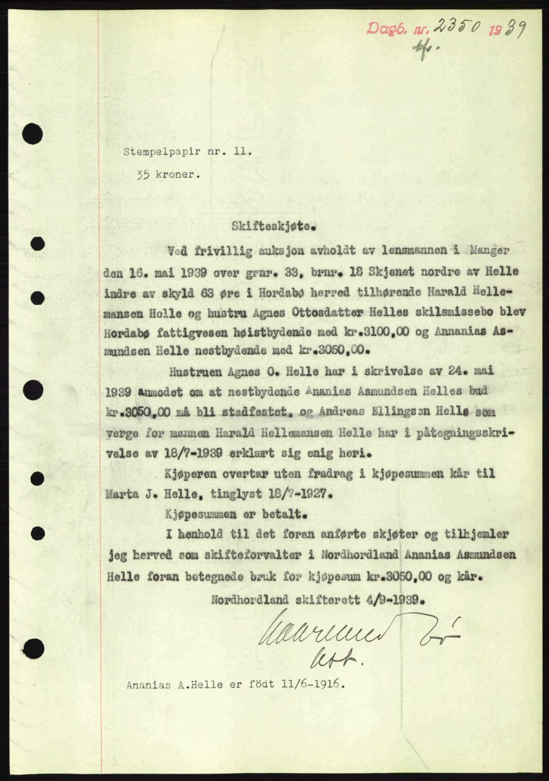 Nordhordland sorenskrivar, SAB/A-2901/1/G/Gb/Gbf/L0010: Mortgage book no. A10, 1939-1940, Diary no: : 2350/1939