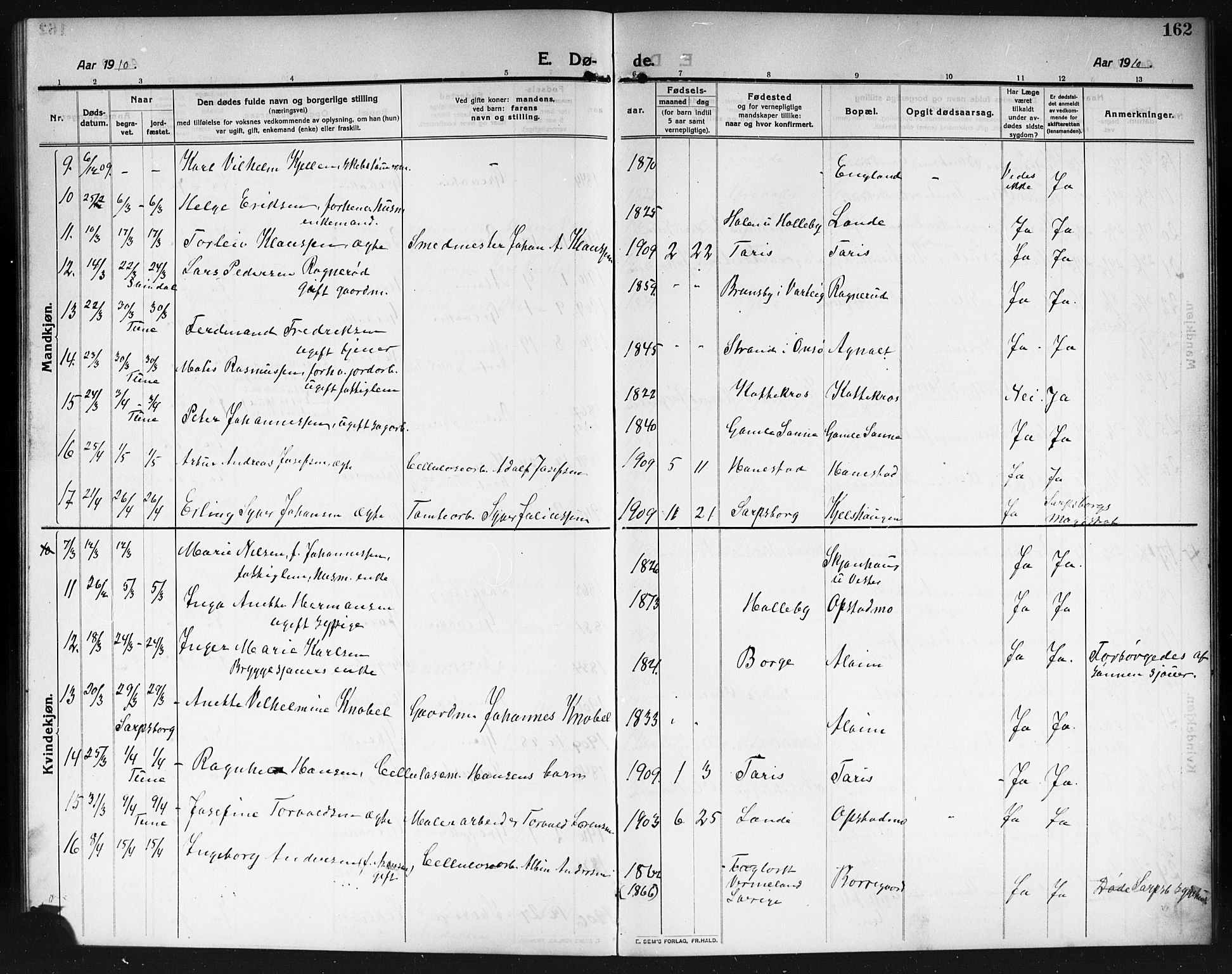 Tune prestekontor Kirkebøker, AV/SAO-A-2007/G/Ga/L0002: Parish register (copy) no. I 2, 1910-1913, p. 162