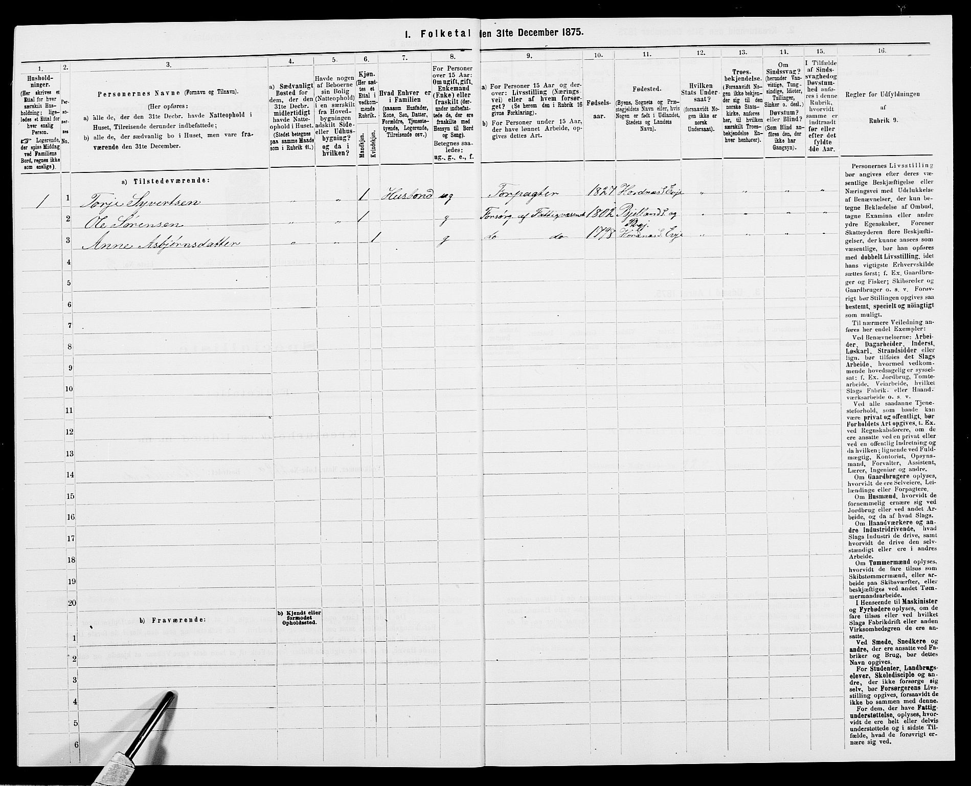 SAK, 1875 census for 0934P Evje, 1875, p. 591