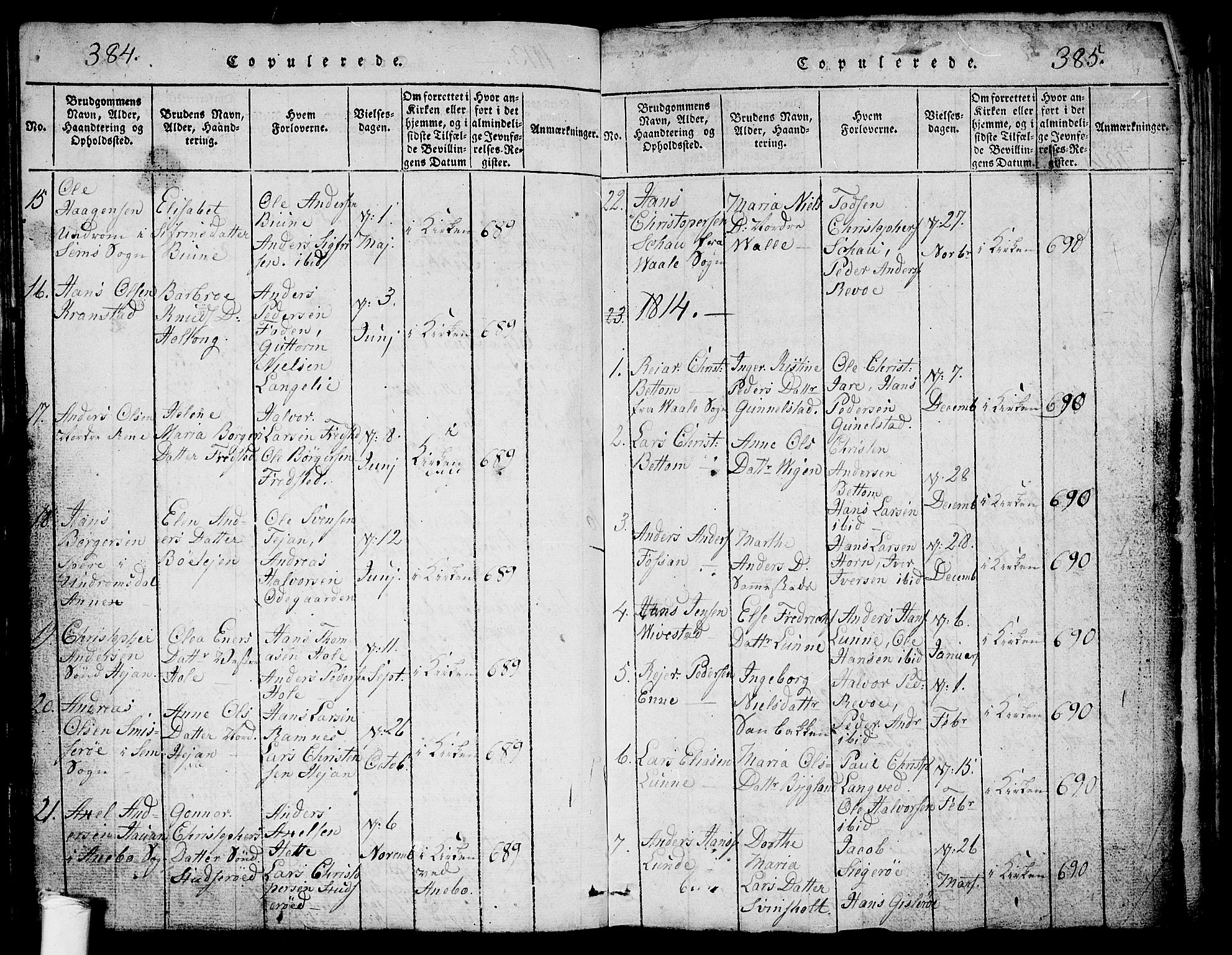 Ramnes kirkebøker, SAKO/A-314/G/Ga/L0001: Parish register (copy) no. I 1, 1813-1847, p. 384-385