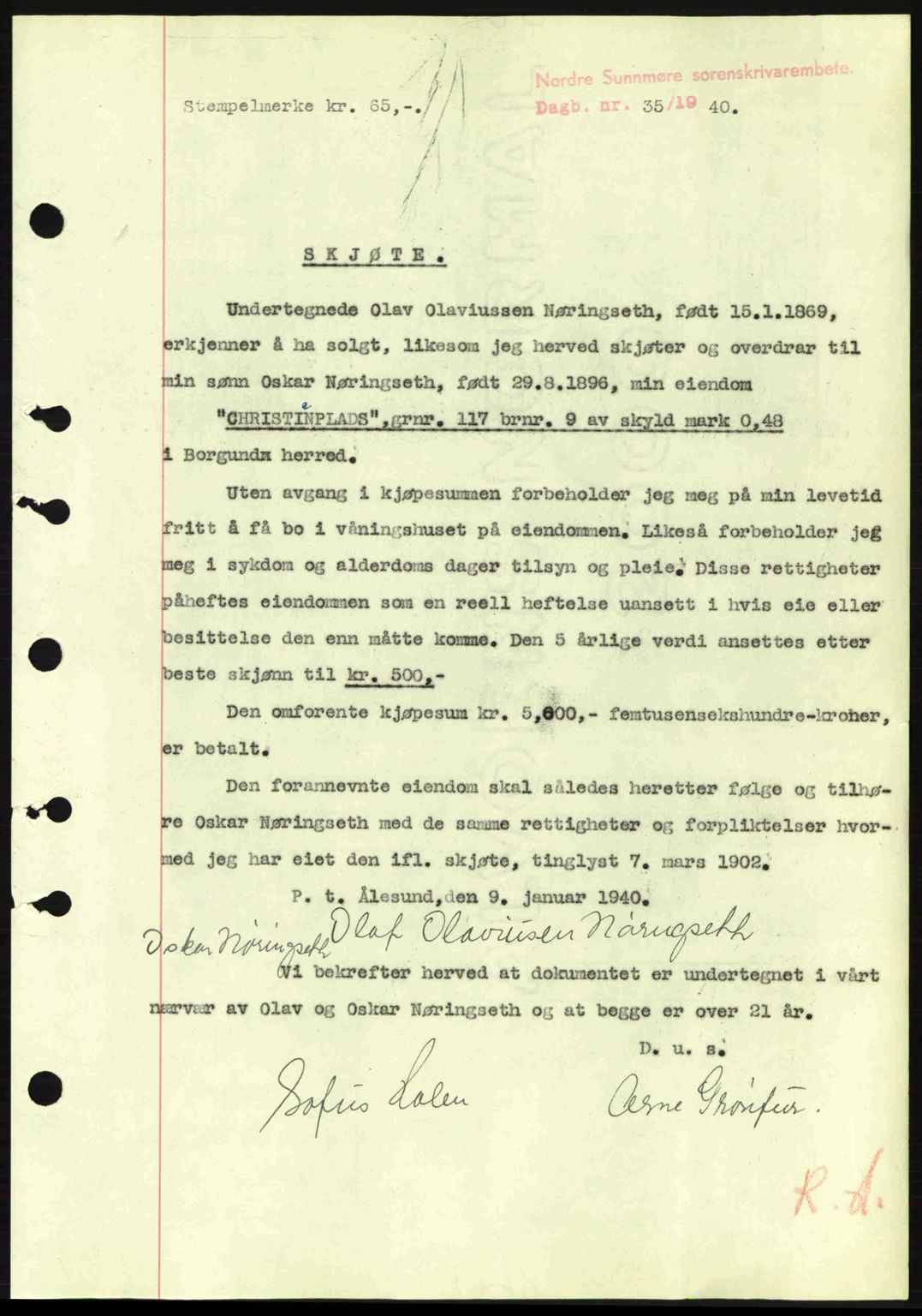 Nordre Sunnmøre sorenskriveri, AV/SAT-A-0006/1/2/2C/2Ca: Mortgage book no. A8, 1939-1940, Diary no: : 35/1940