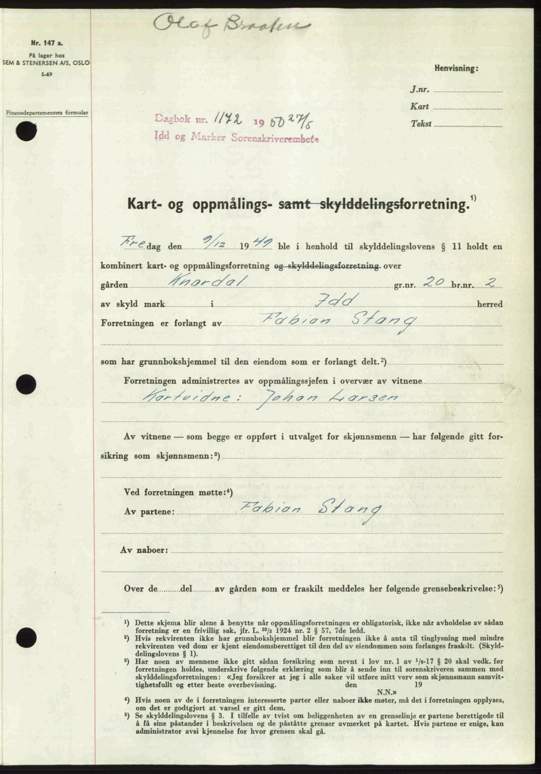 Idd og Marker sorenskriveri, AV/SAO-A-10283/G/Gb/Gbb/L0014: Mortgage book no. A14, 1950-1950, Diary no: : 1172/1950