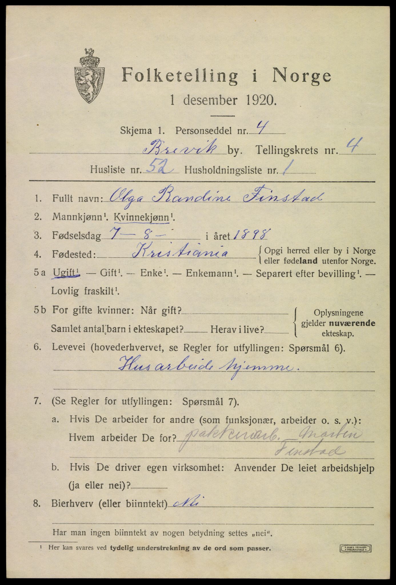 SAKO, 1920 census for Brevik, 1920, p. 6564