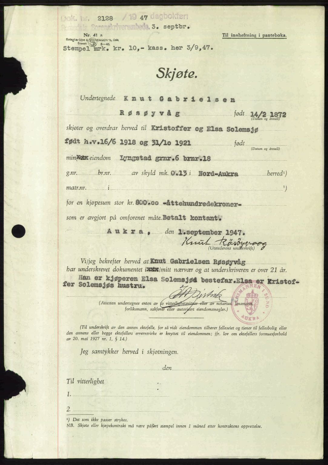 Romsdal sorenskriveri, AV/SAT-A-4149/1/2/2C: Mortgage book no. A23, 1947-1947, Diary no: : 2128/1947