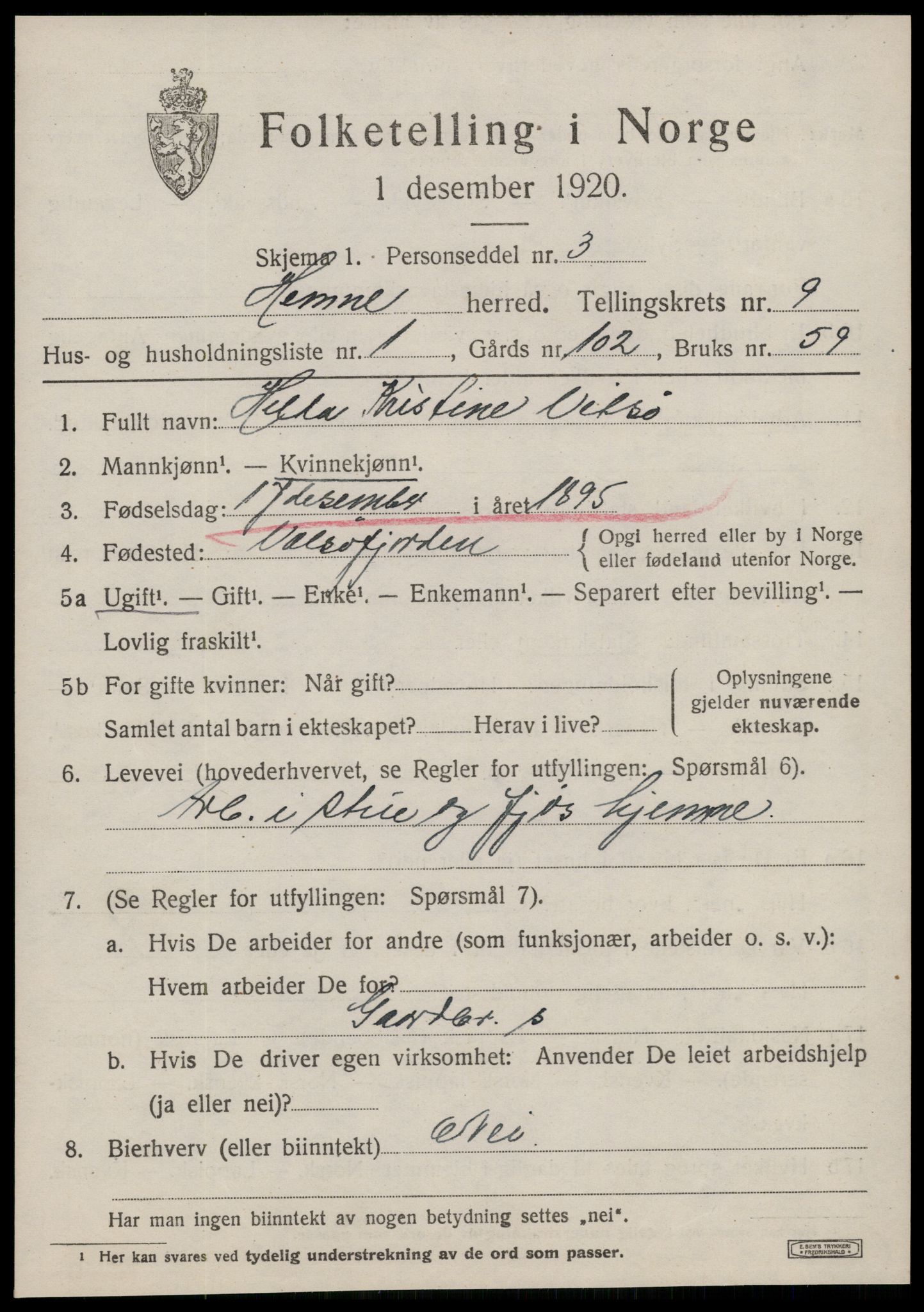 SAT, 1920 census for Hemne, 1920, p. 5406