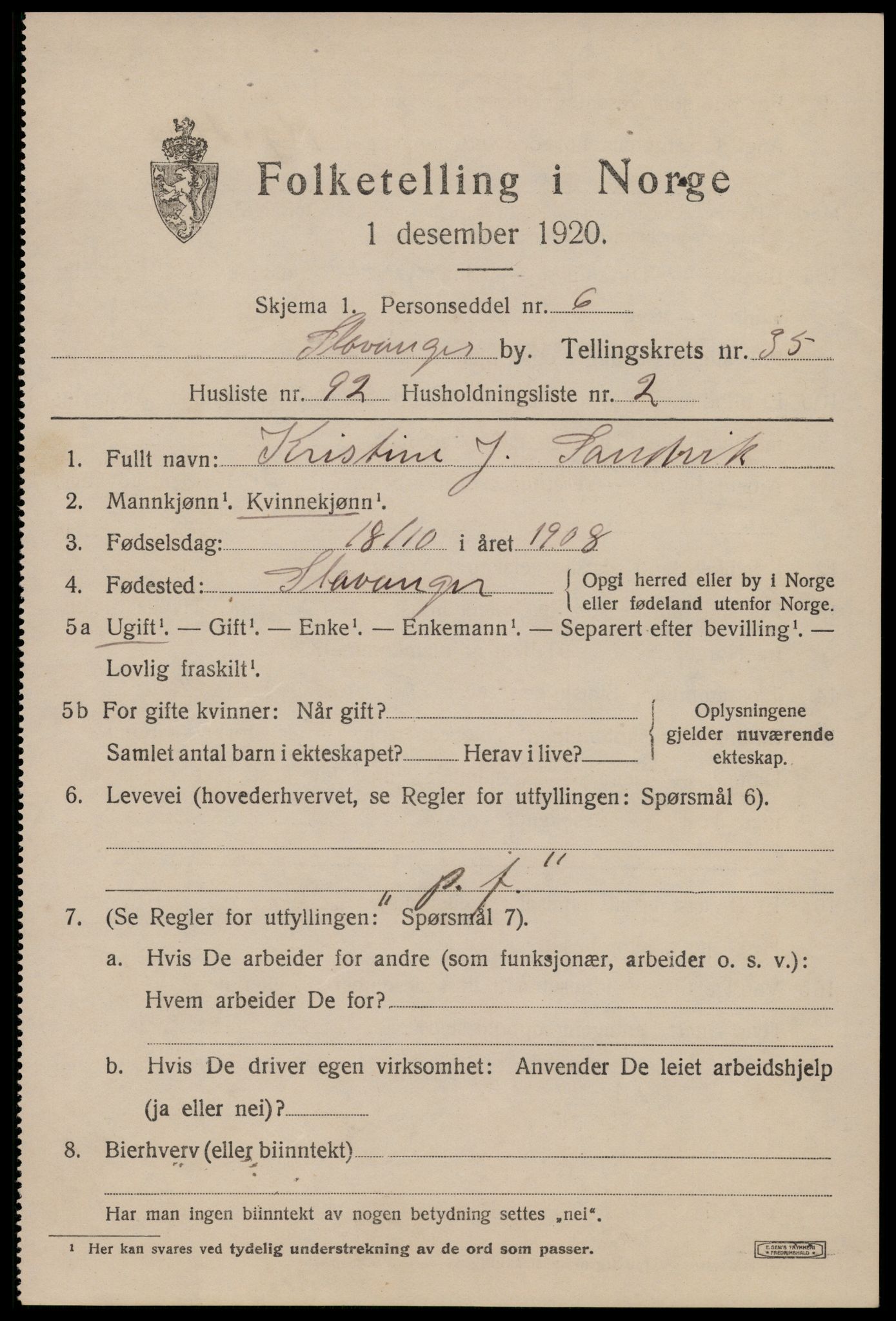 SAST, 1920 census for Stavanger, 1920, p. 95260