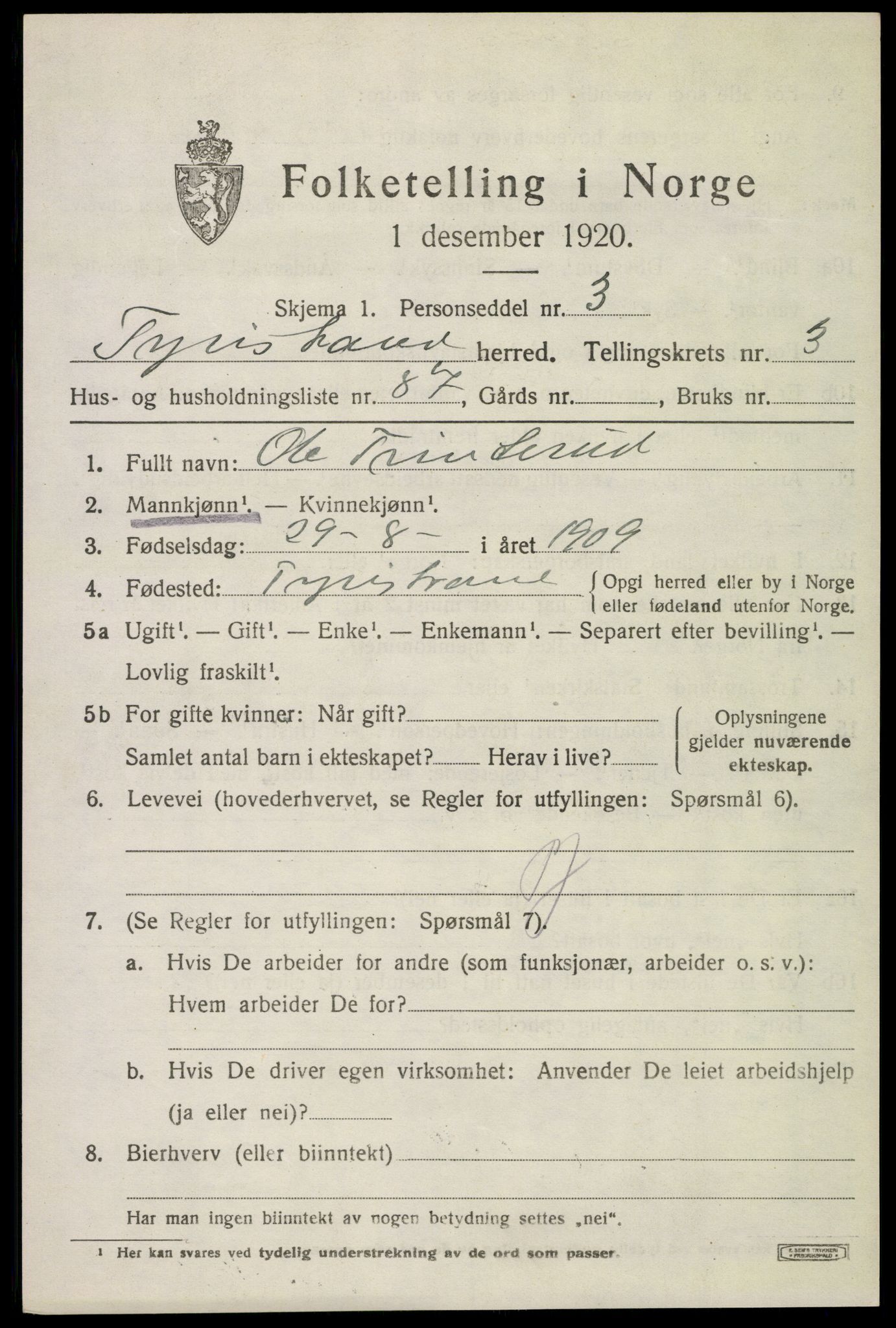 SAKO, 1920 census for Tyristrand, 1920, p. 2980