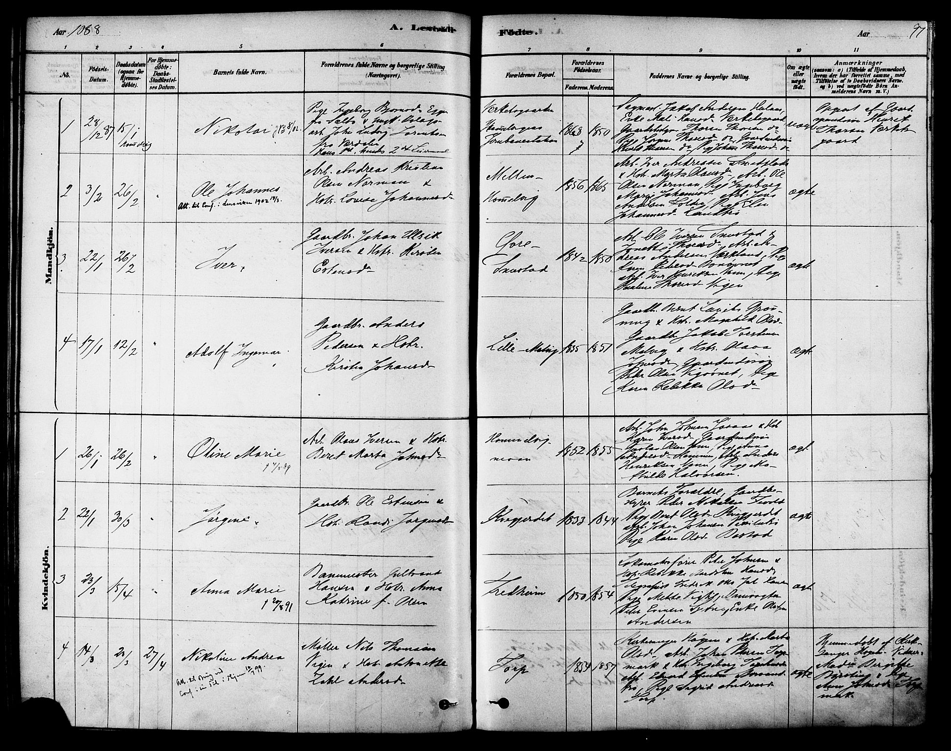 Ministerialprotokoller, klokkerbøker og fødselsregistre - Sør-Trøndelag, SAT/A-1456/616/L0410: Parish register (official) no. 616A07, 1878-1893, p. 97