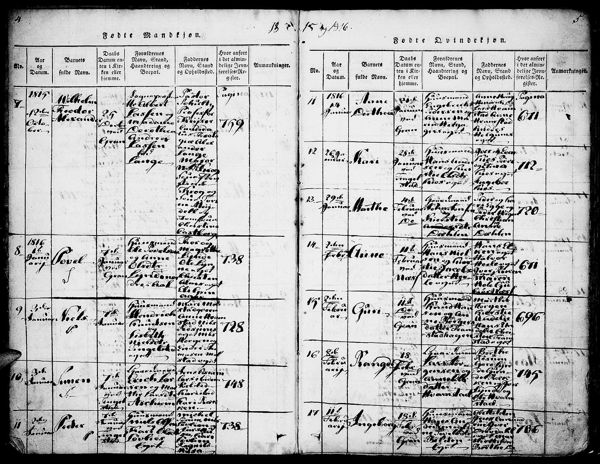 Gran prestekontor, SAH/PREST-112/H/Ha/Haa/L0009: Parish register (official) no. 9, 1815-1824, p. 4-5