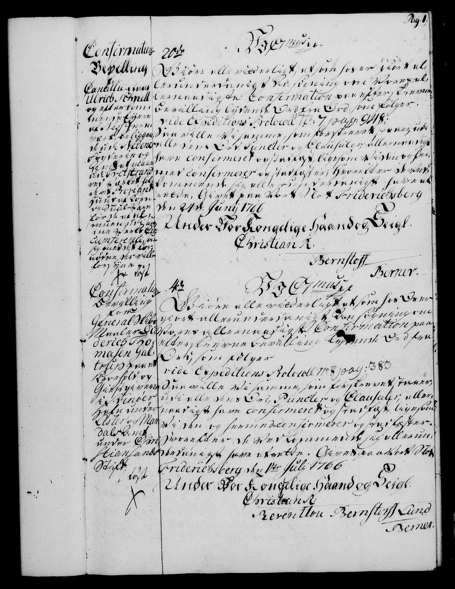 Rentekammeret, Kammerkanselliet, RA/EA-3111/G/Gg/Ggc/Ggca/L0002: Norsk konfirmasjonsekspedisjonsprotokoll med register (merket RK 53.24), 1766-1772, p. 1