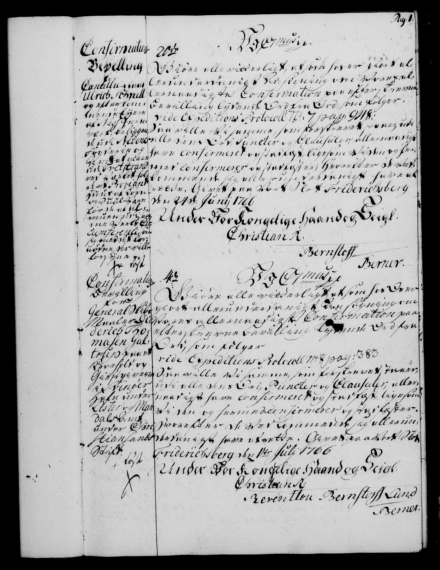 Rentekammeret, Kammerkanselliet, AV/RA-EA-3111/G/Gg/Ggc/Ggca/L0002: Norsk konfirmasjonsekspedisjonsprotokoll med register (merket RK 53.24), 1766-1772, p. 1