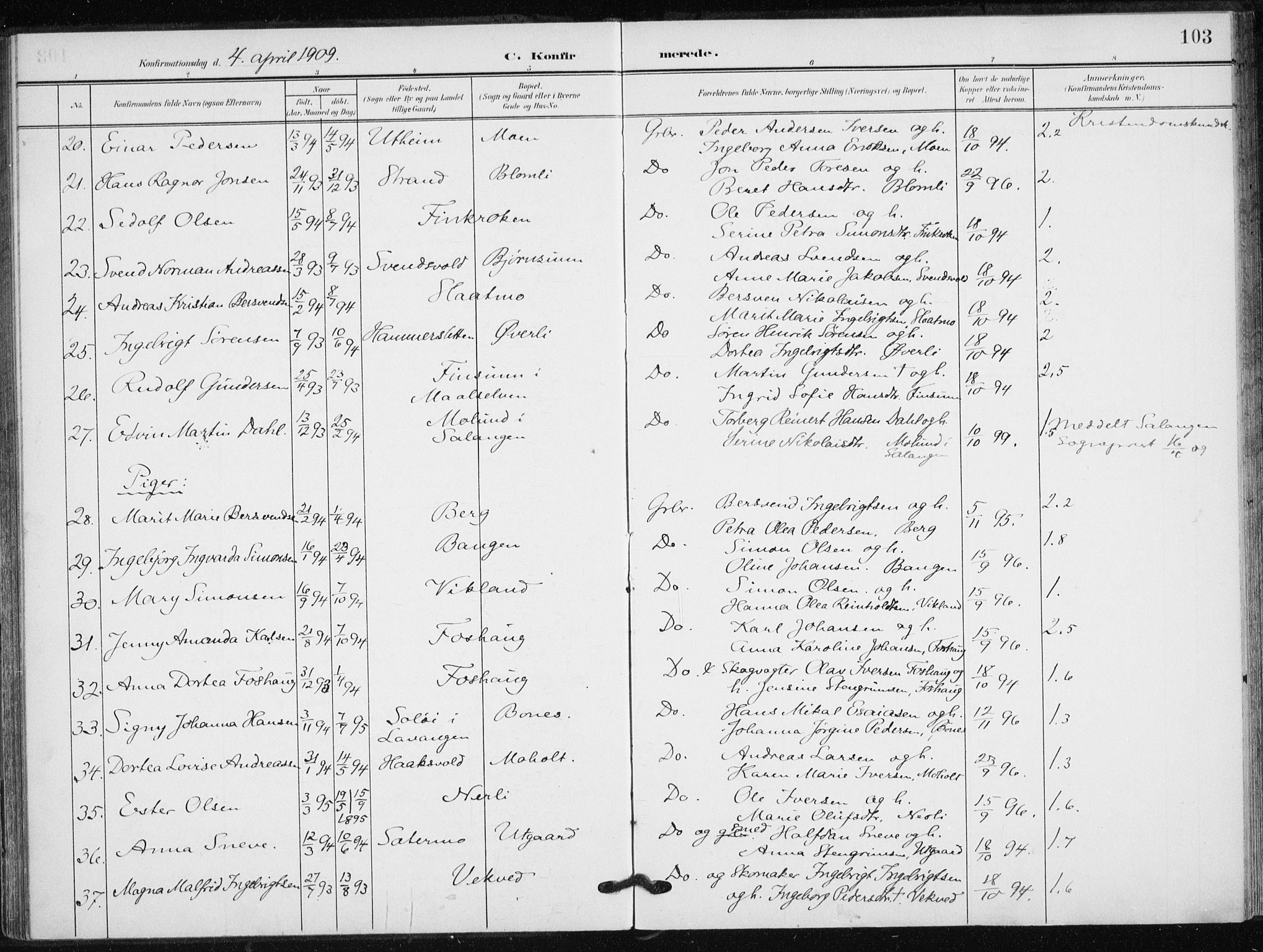 Målselv sokneprestembete, SATØ/S-1311/G/Ga/Gaa/L0013kirke: Parish register (official) no. 13, 1903-1919, p. 103