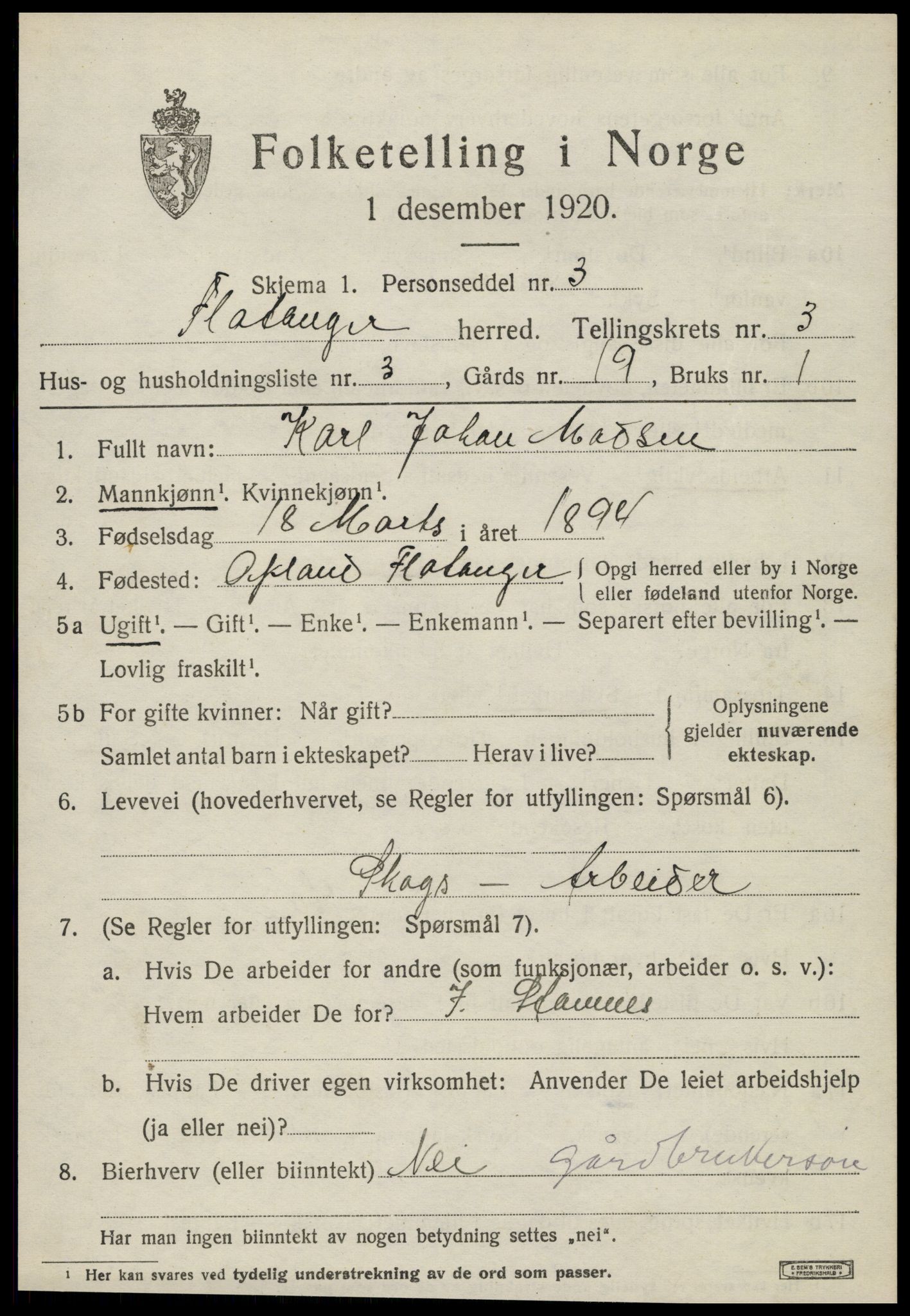 SAT, 1920 census for Flatanger, 1920, p. 1486