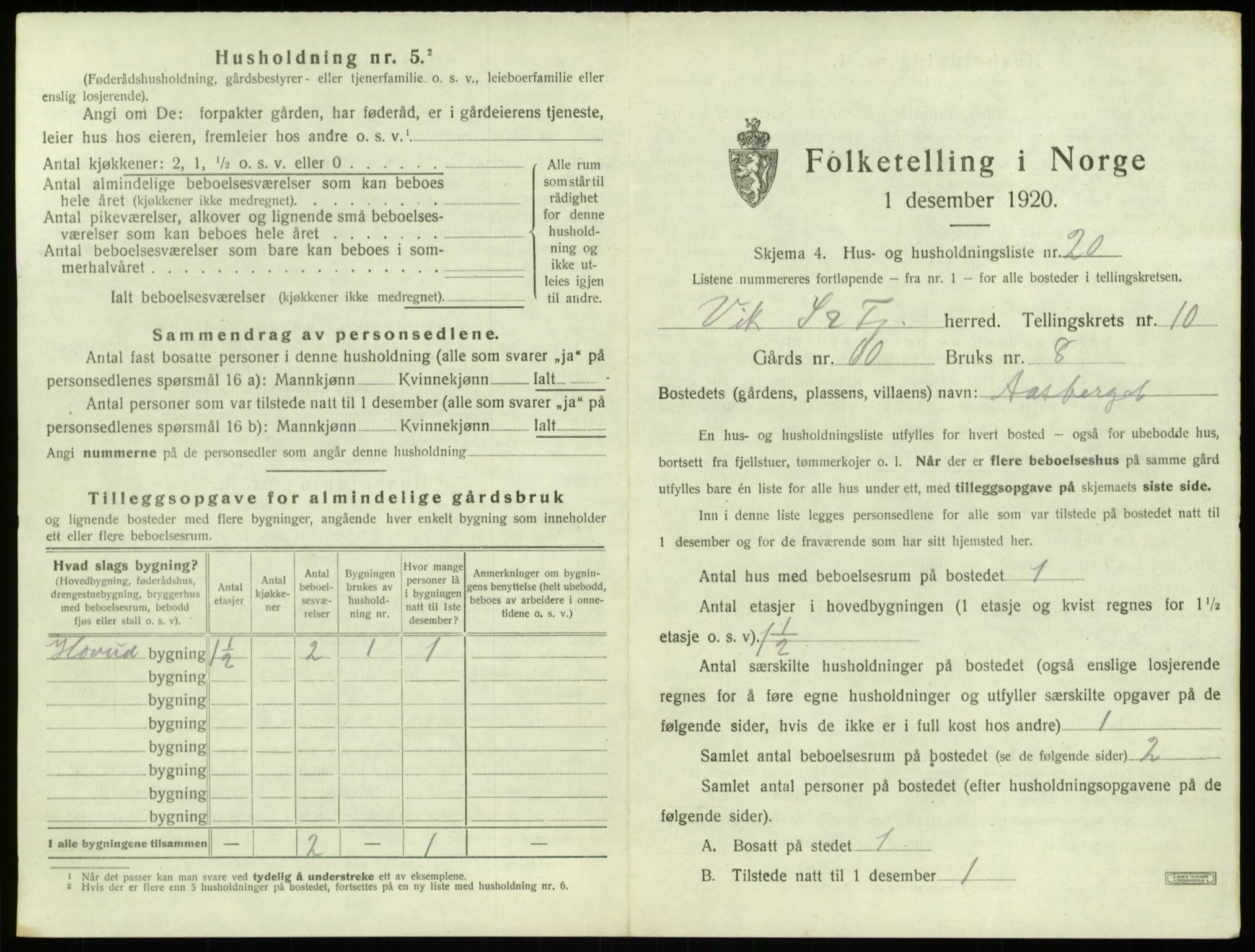 SAB, 1920 census for Vik, 1920, p. 1029