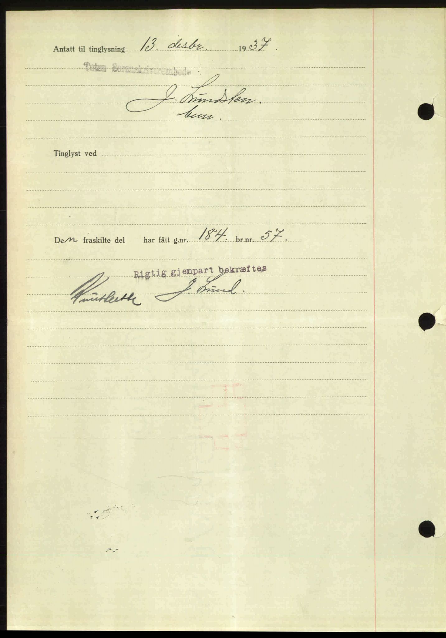 Toten tingrett, SAH/TING-006/H/Hb/Hbc/L0003: Mortgage book no. Hbc-03, 1937-1938, Diary no: : 2863/1937