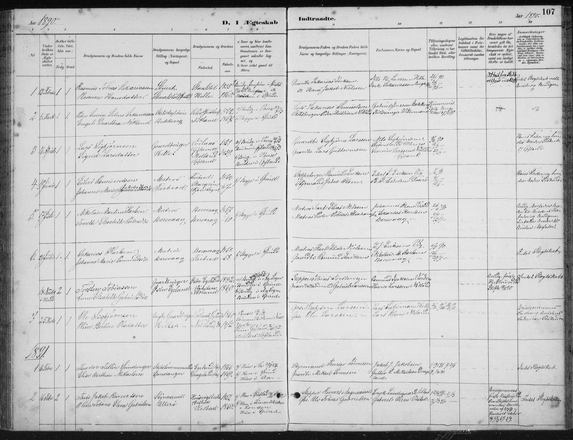 Herad sokneprestkontor, SAK/1111-0018/F/Fb/Fbb/L0004: Parish register (copy) no. B 4, 1890-1935, p. 107