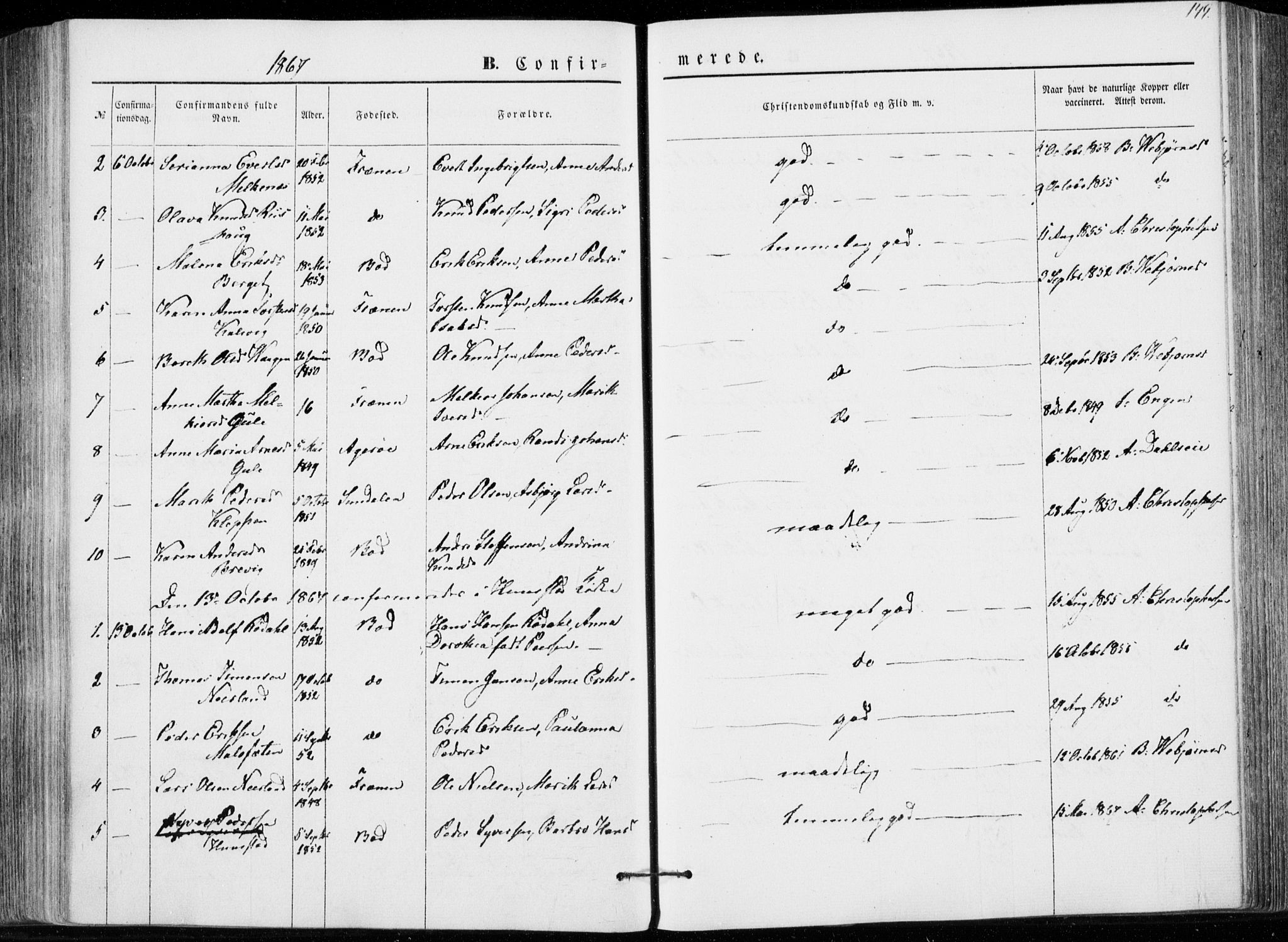 Ministerialprotokoller, klokkerbøker og fødselsregistre - Møre og Romsdal, AV/SAT-A-1454/566/L0767: Parish register (official) no. 566A06, 1852-1868, p. 149