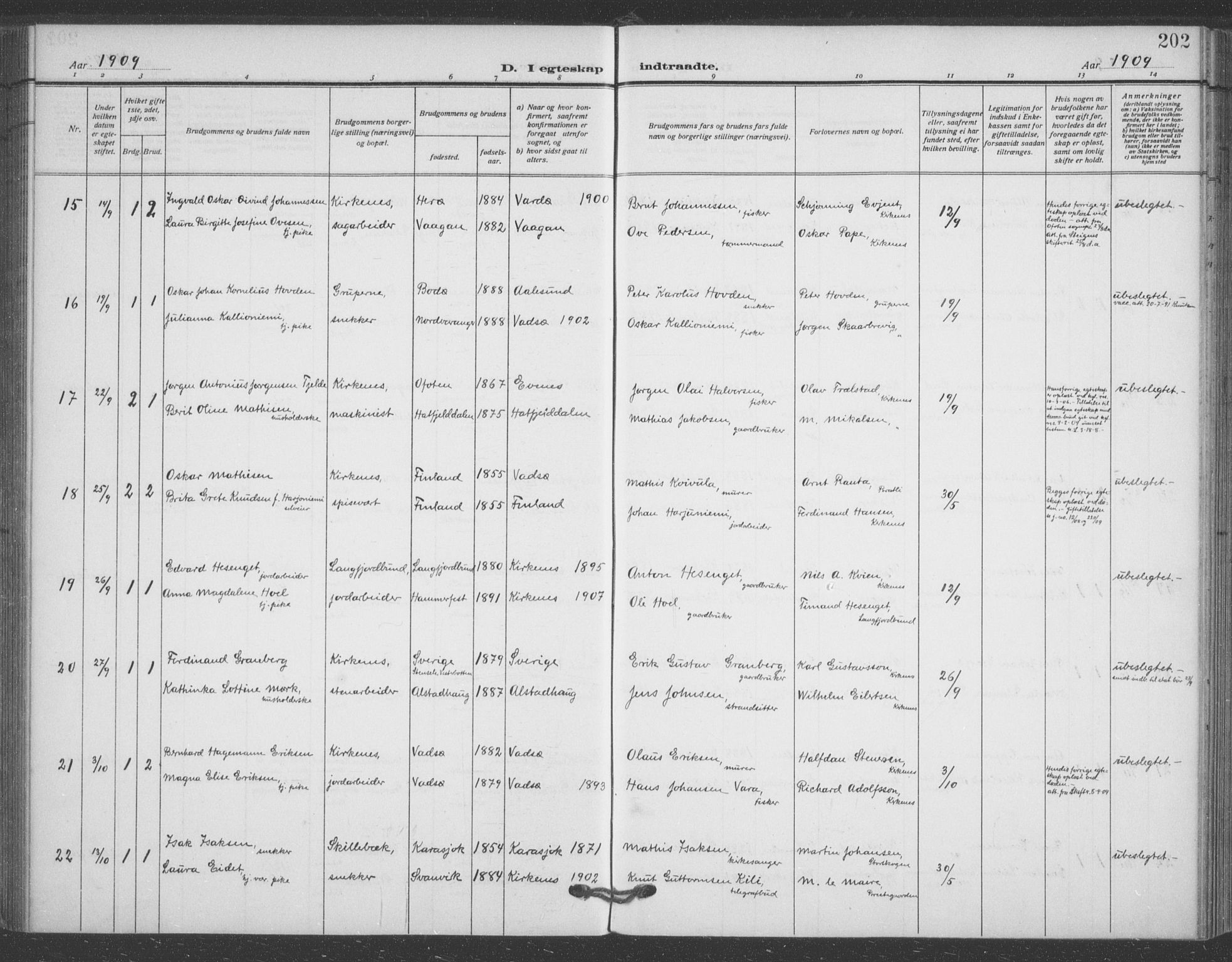 Sør-Varanger sokneprestkontor, AV/SATØ-S-1331/H/Ha/L0005kirke: Parish register (official) no. 5, 1909-1919, p. 202